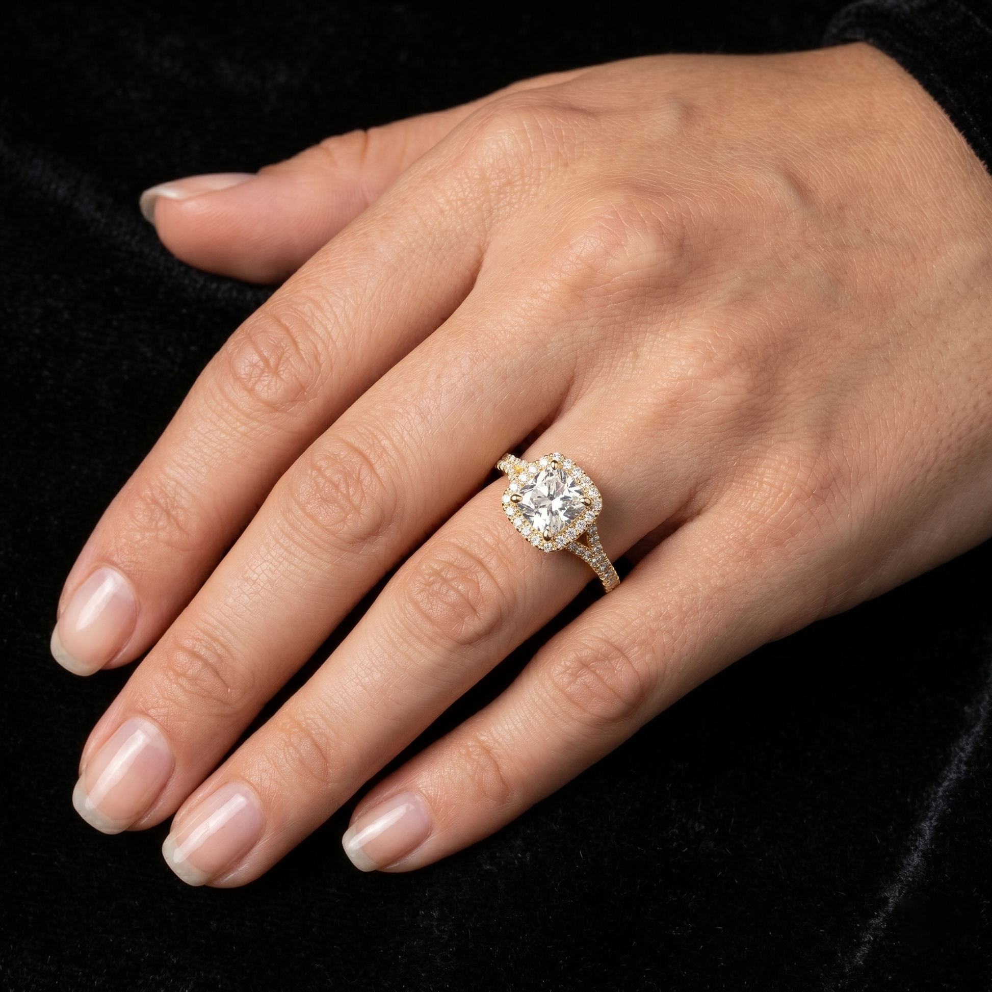 14kt Cushion-Cut Lab Grown Engagement Ring with Halo of Smaller Diamonds