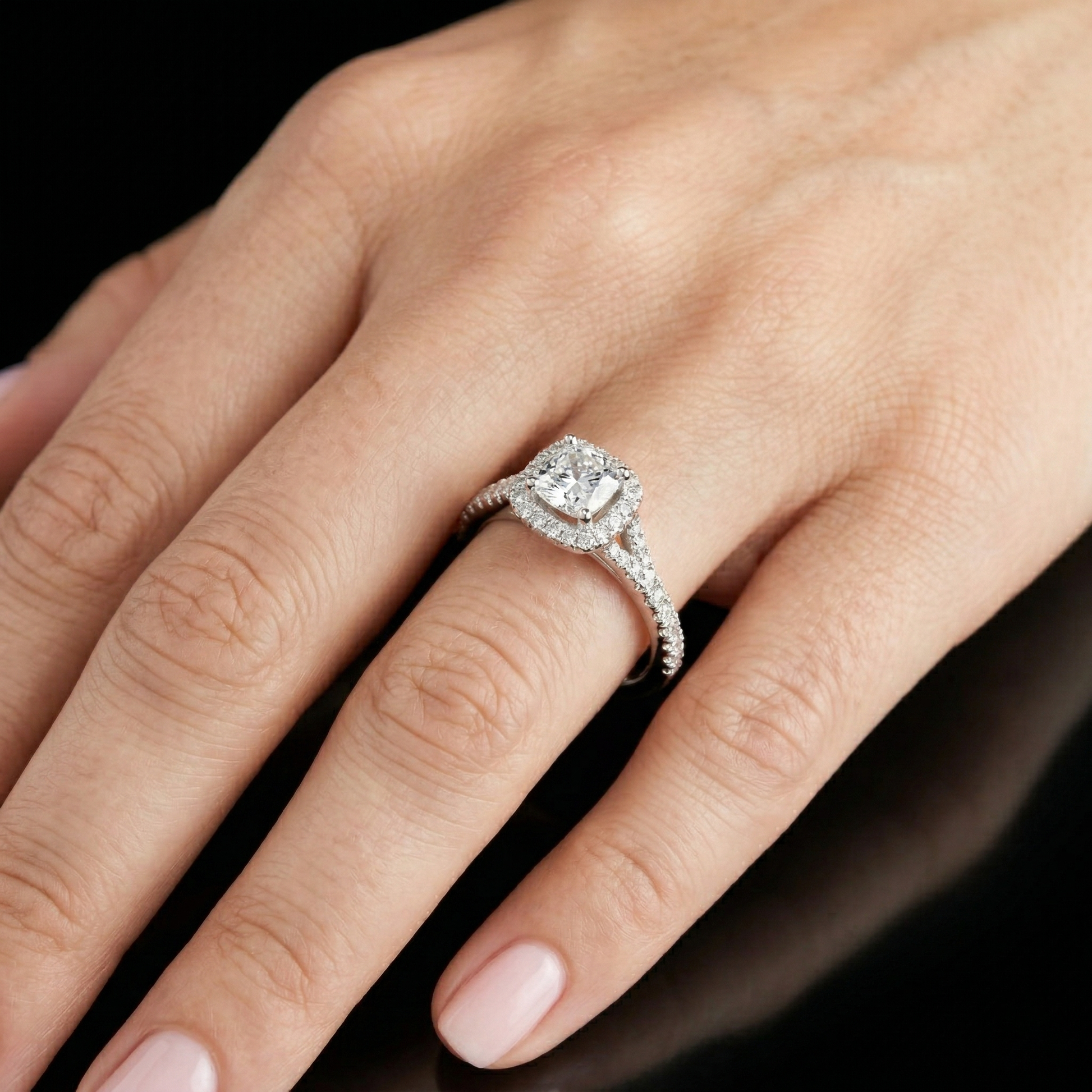 925 Sterling Silver Cushion-cut Moissanite Engagement Ring with Halo of Smaller Diamonds