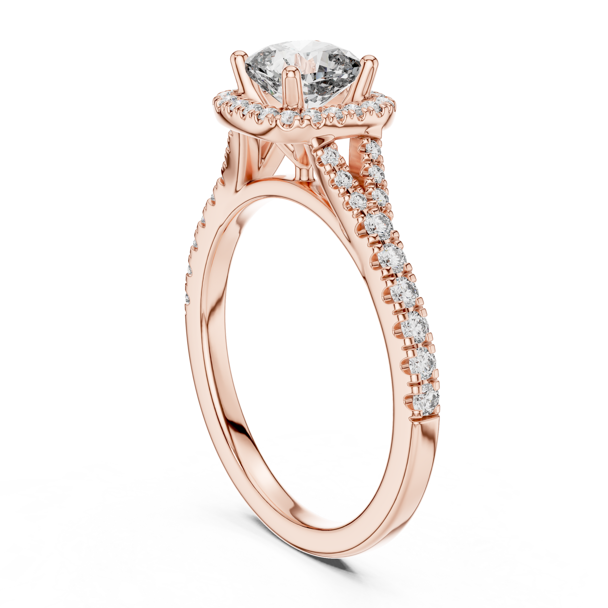 14kt Rose Gold Cushion-Cut Lab Grown Engagement Ring with Halo of Smaller Diamonds