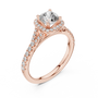 14kt Rose Gold Cushion-Cut Lab Grown Engagement Ring with Halo of Smaller Diamonds