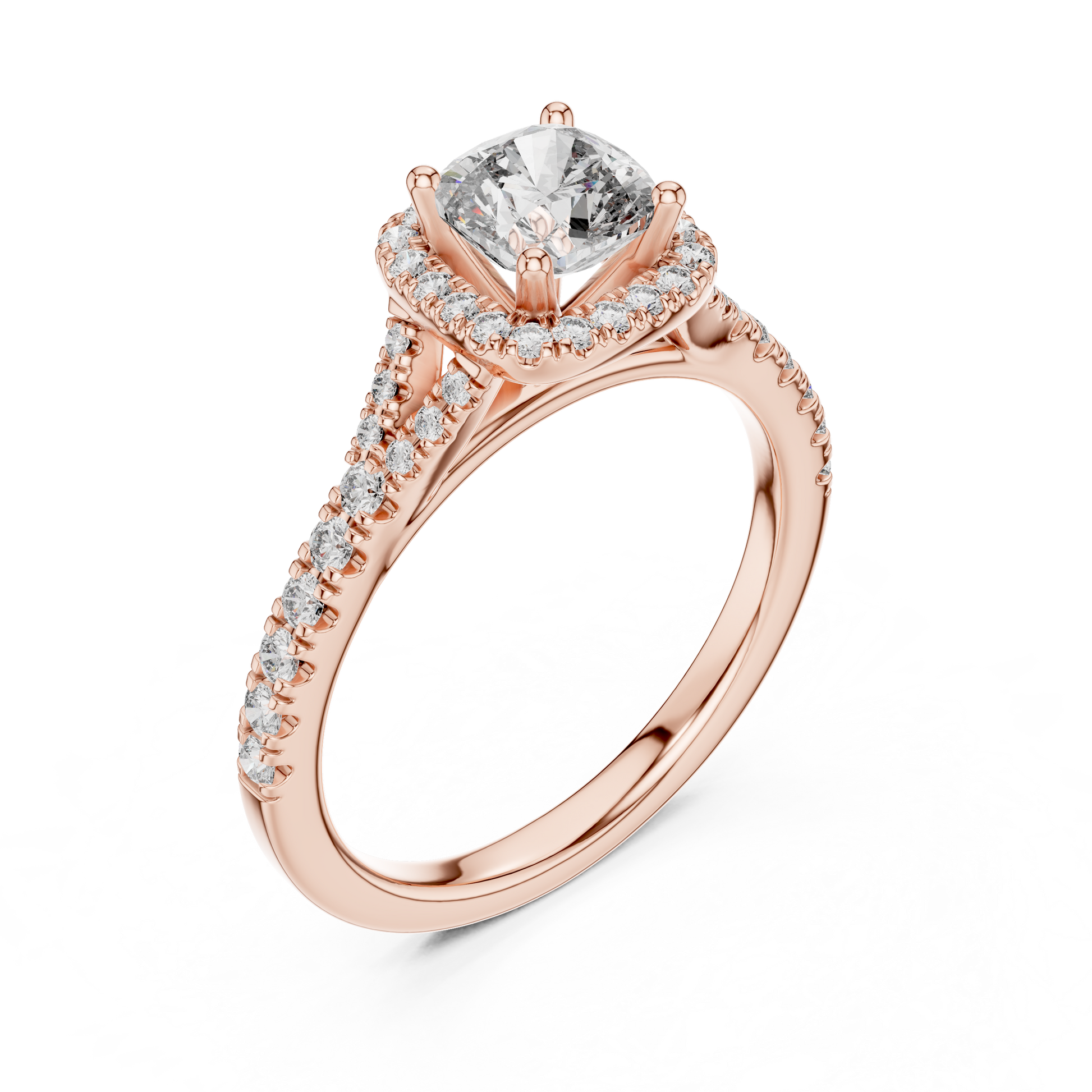 14kt Rose Gold Cushion-Cut Lab Grown Engagement Ring with Halo of Smaller Diamonds