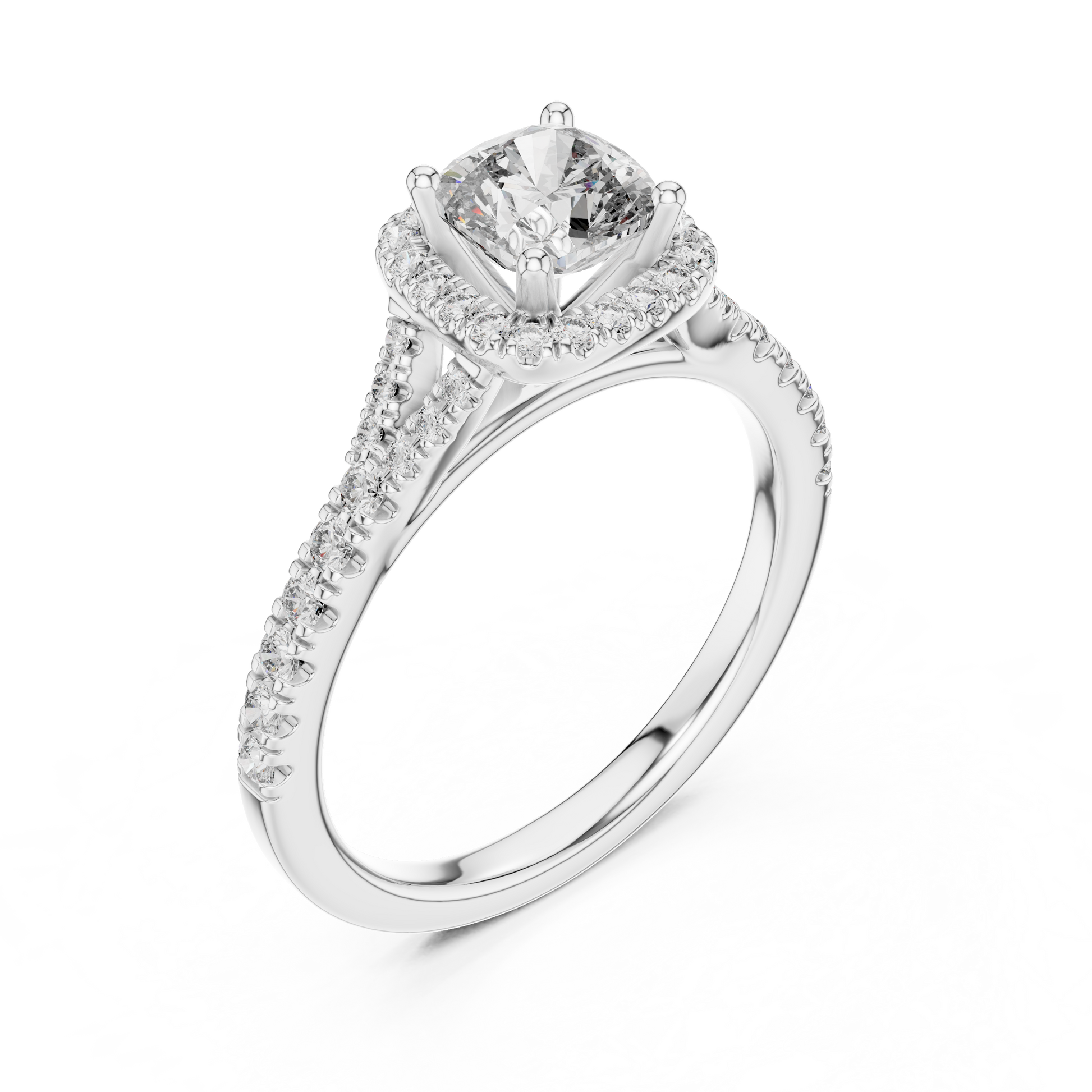 14kt White Gold Cushion-Cut Lab Grown Engagement Ring with Halo of Smaller Diamonds