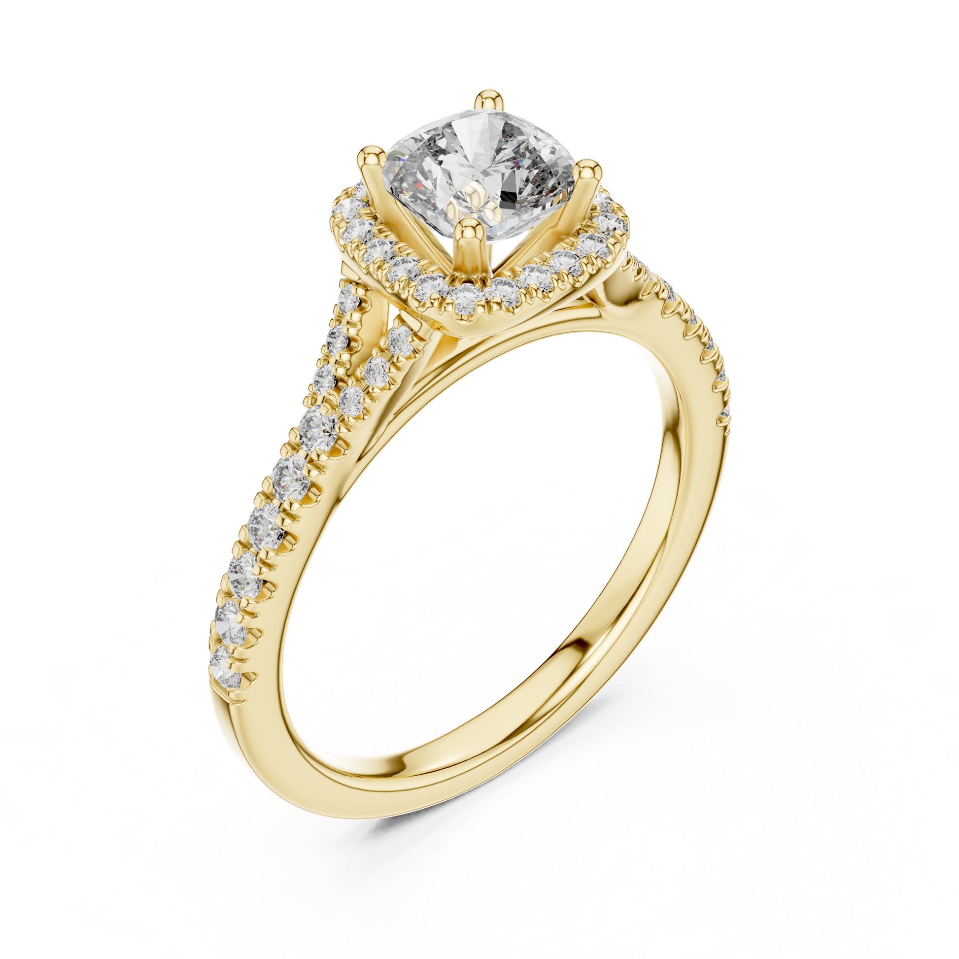 14kt Cushion-Cut Lab Grown Engagement Ring with Halo of Smaller Diamonds