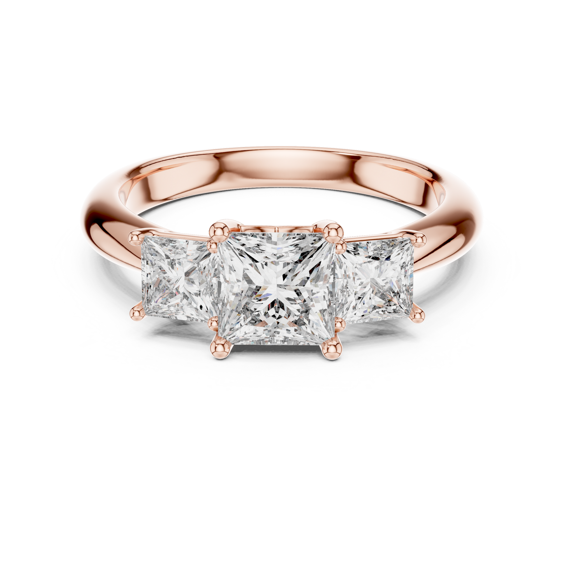 18kt Solid Rose Gold Three Stone Princess Cut Lab Grown Trilogy Engagement Ring