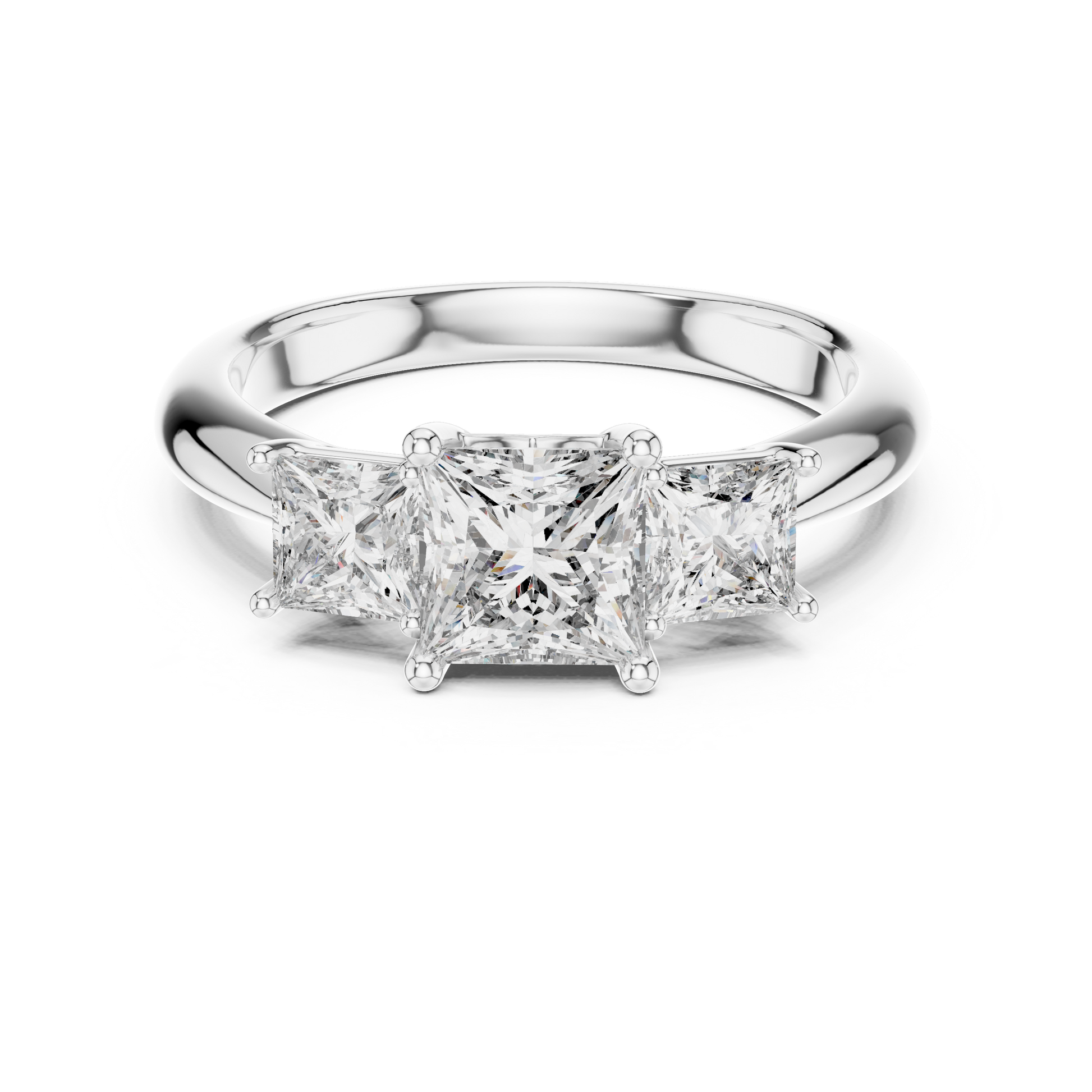 18kt Solid White Gold Three Stone Princess Cut Lab Grown Trilogy Engagement Ring