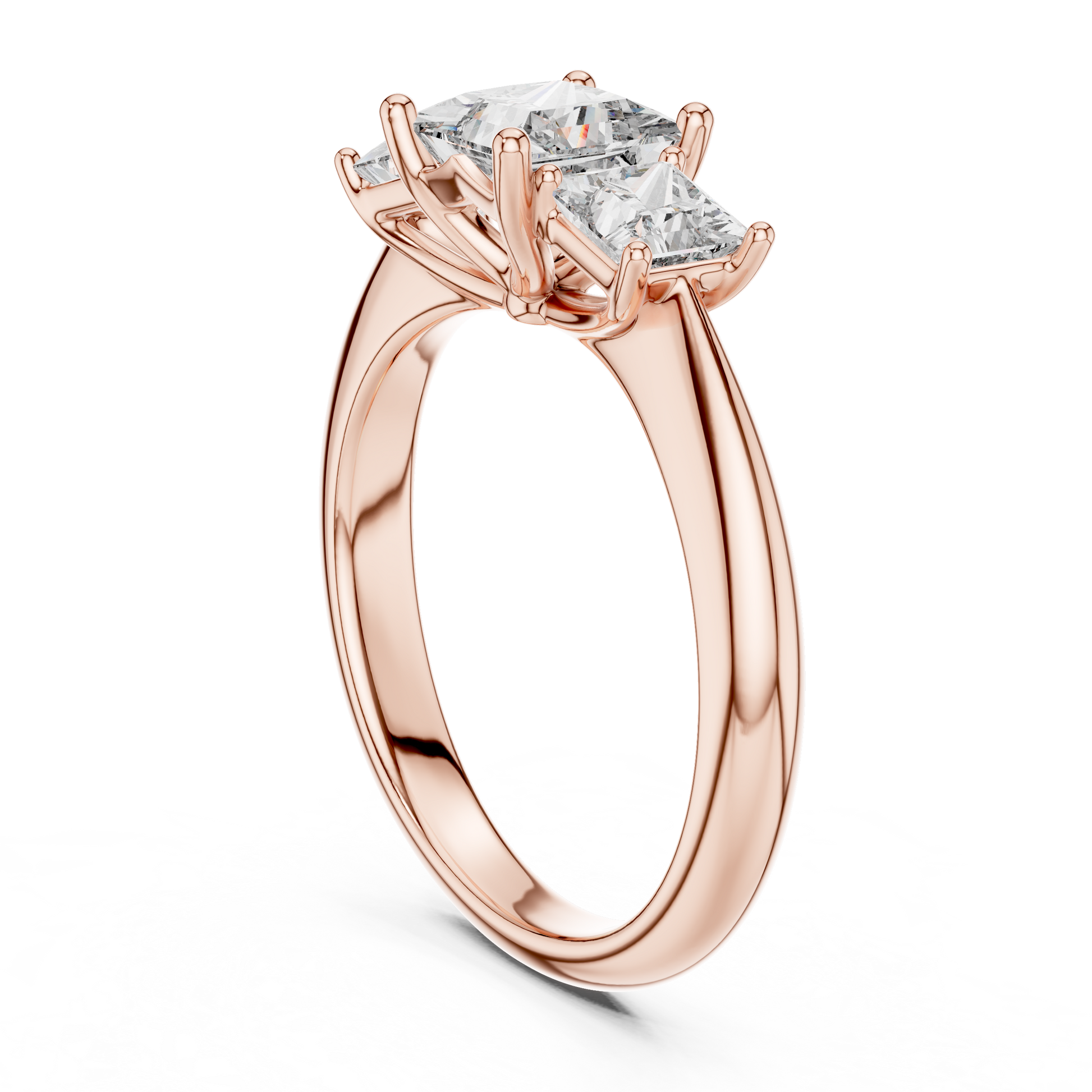 18kt Solid Rose Gold Three Stone Princess Cut Lab Grown Trilogy Engagement Ring