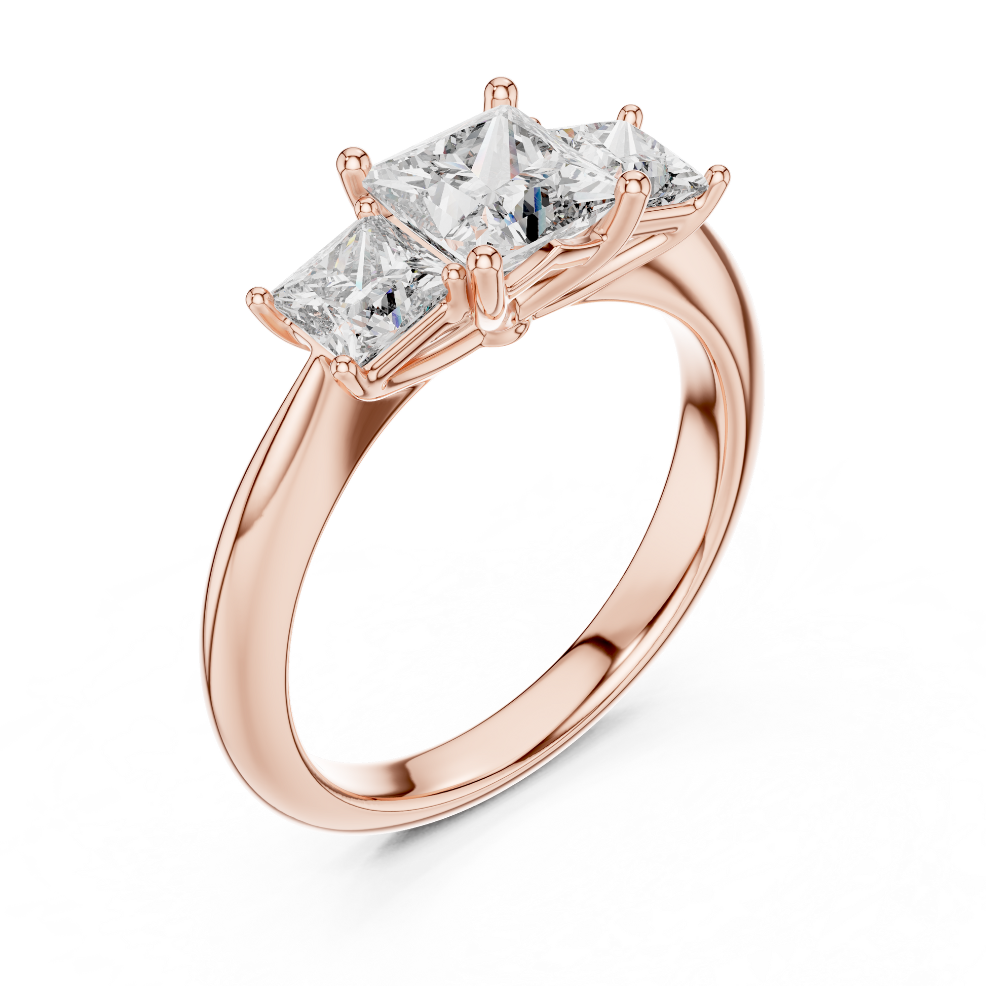 18kt Solid Rose Gold Three Stone Princess Cut Lab Grown Trilogy Engagement Ring