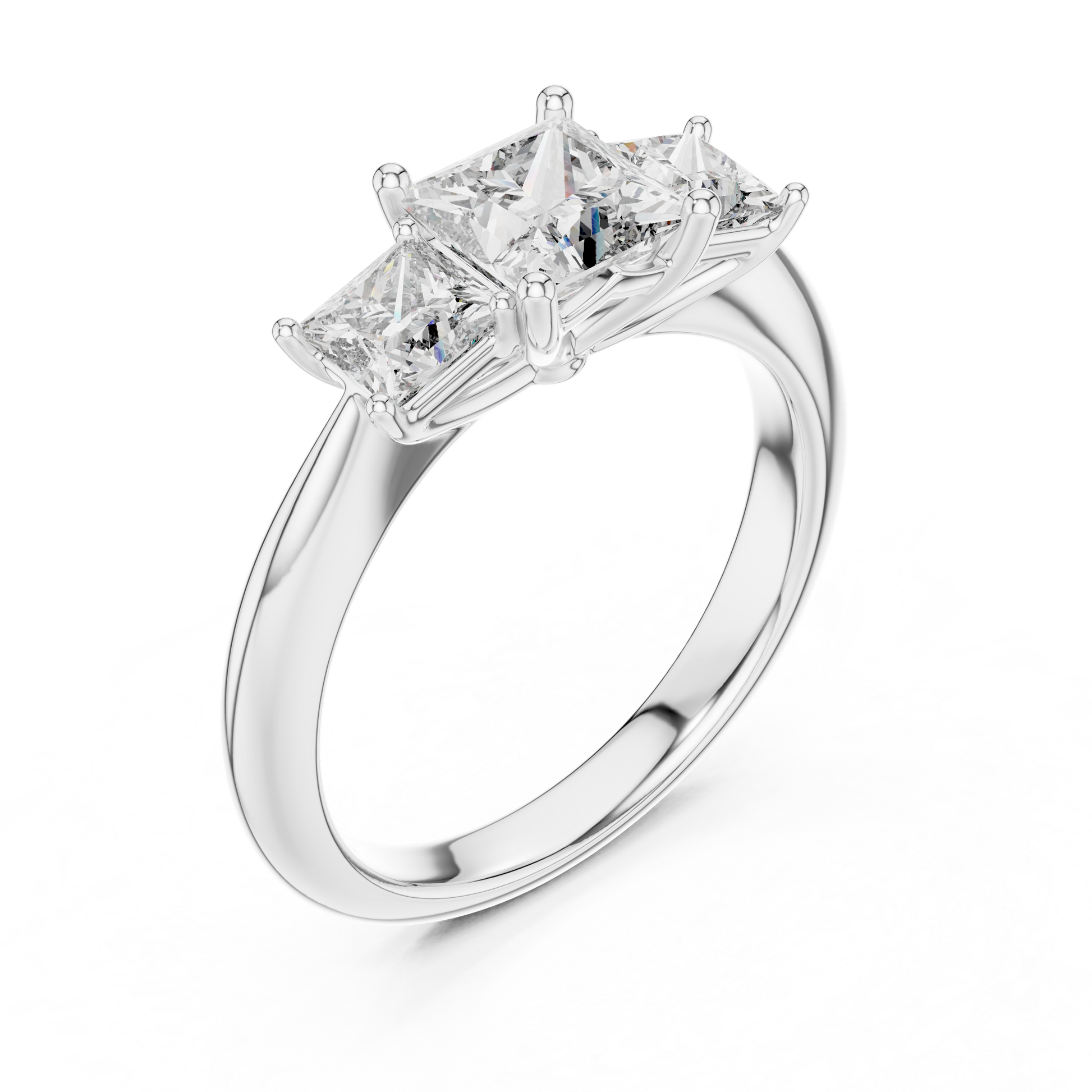 18kt Solid White Gold Three Stone Princess Cut Lab Grown Trilogy Engagement Ring