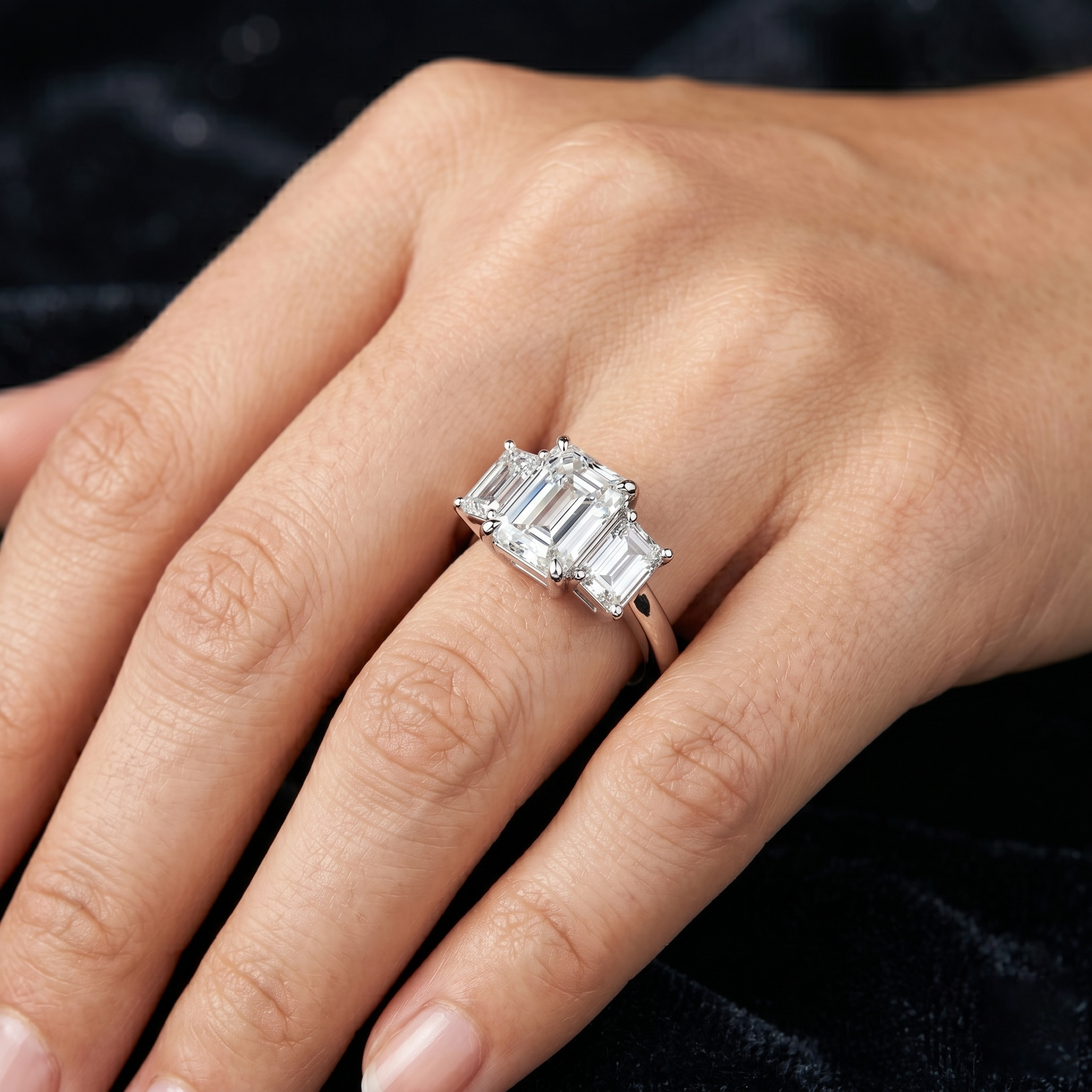 3 TCW Emerald Cut Three-stone Lab Grown Solid Gold Classic "past, present, and future" Engagement Ring