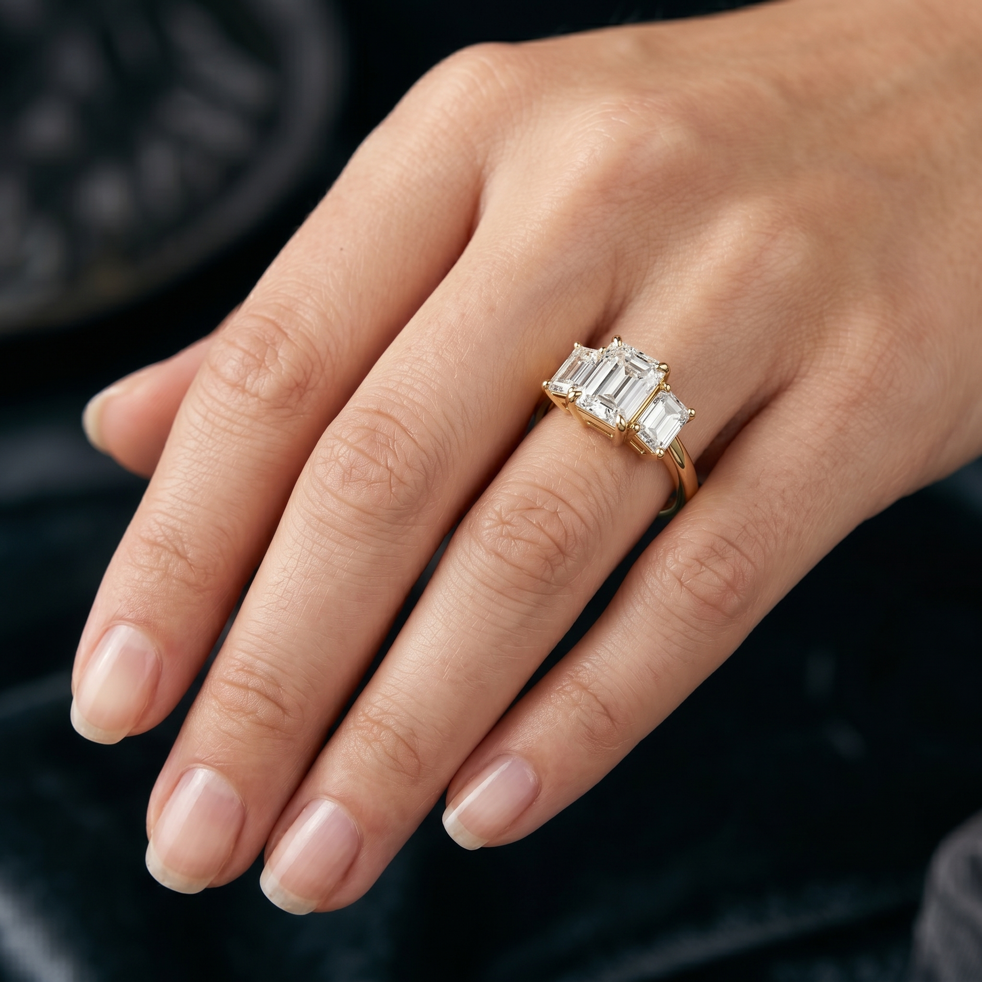 3 TCW Emerald Cut Three-stone Lab Grown Solid Gold Classic "past, present, and future" Engagement Ring