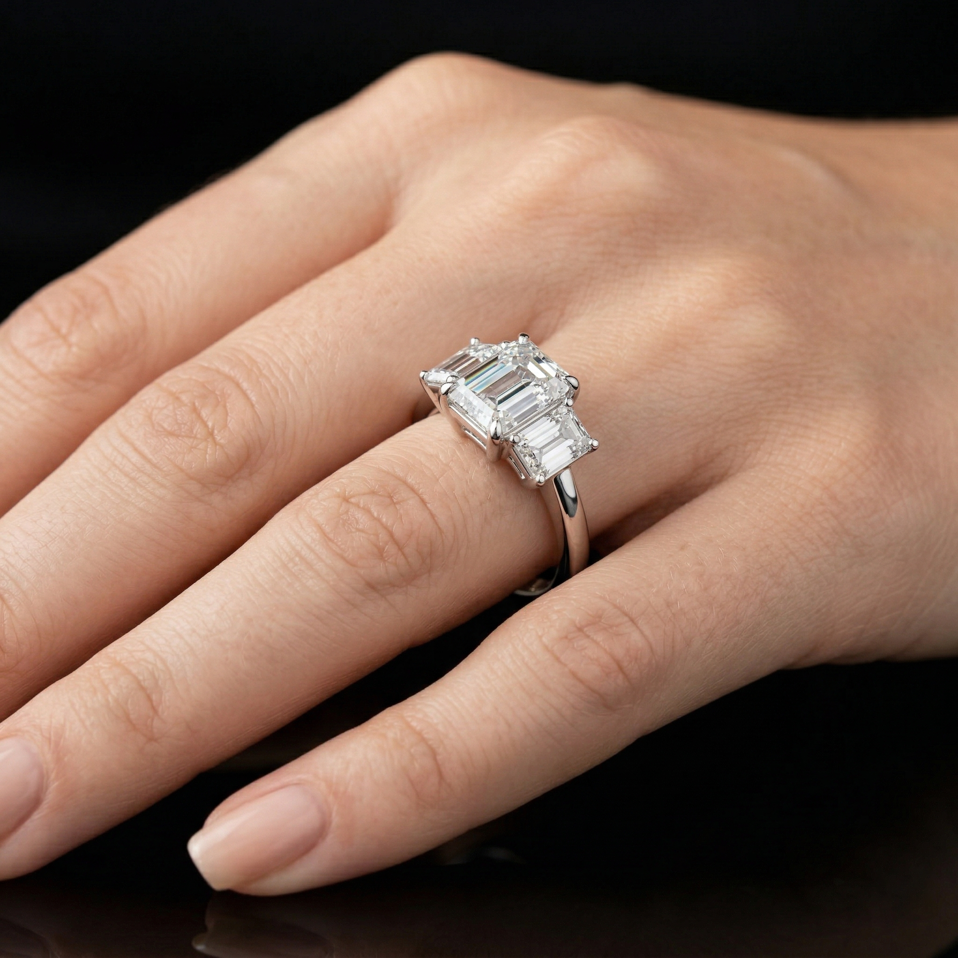 Emerald Cut Three-stone Moissanite Classic "past, present, and future" Engagement Ring