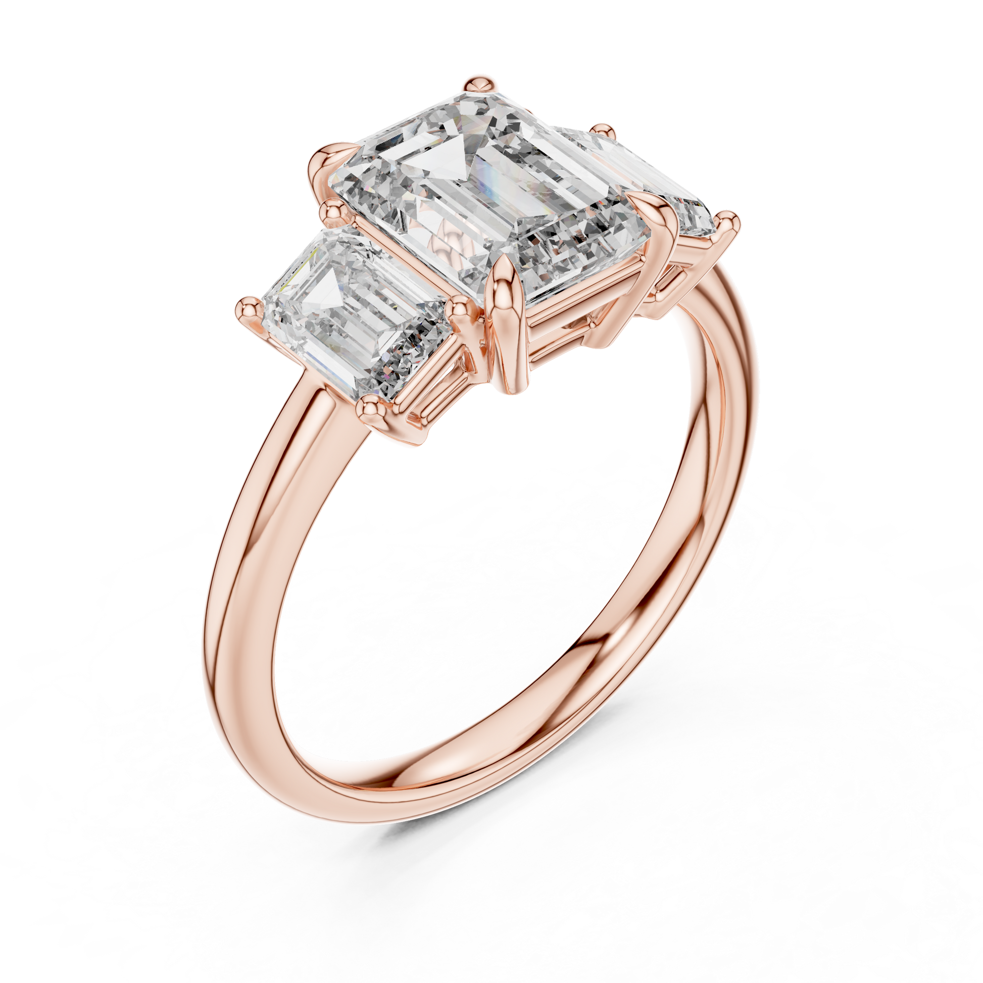 3 TCW Emerald Cut Three-stone Lab Grown Rose Solid Gold Classic "past, present, and future" Engagement Ring