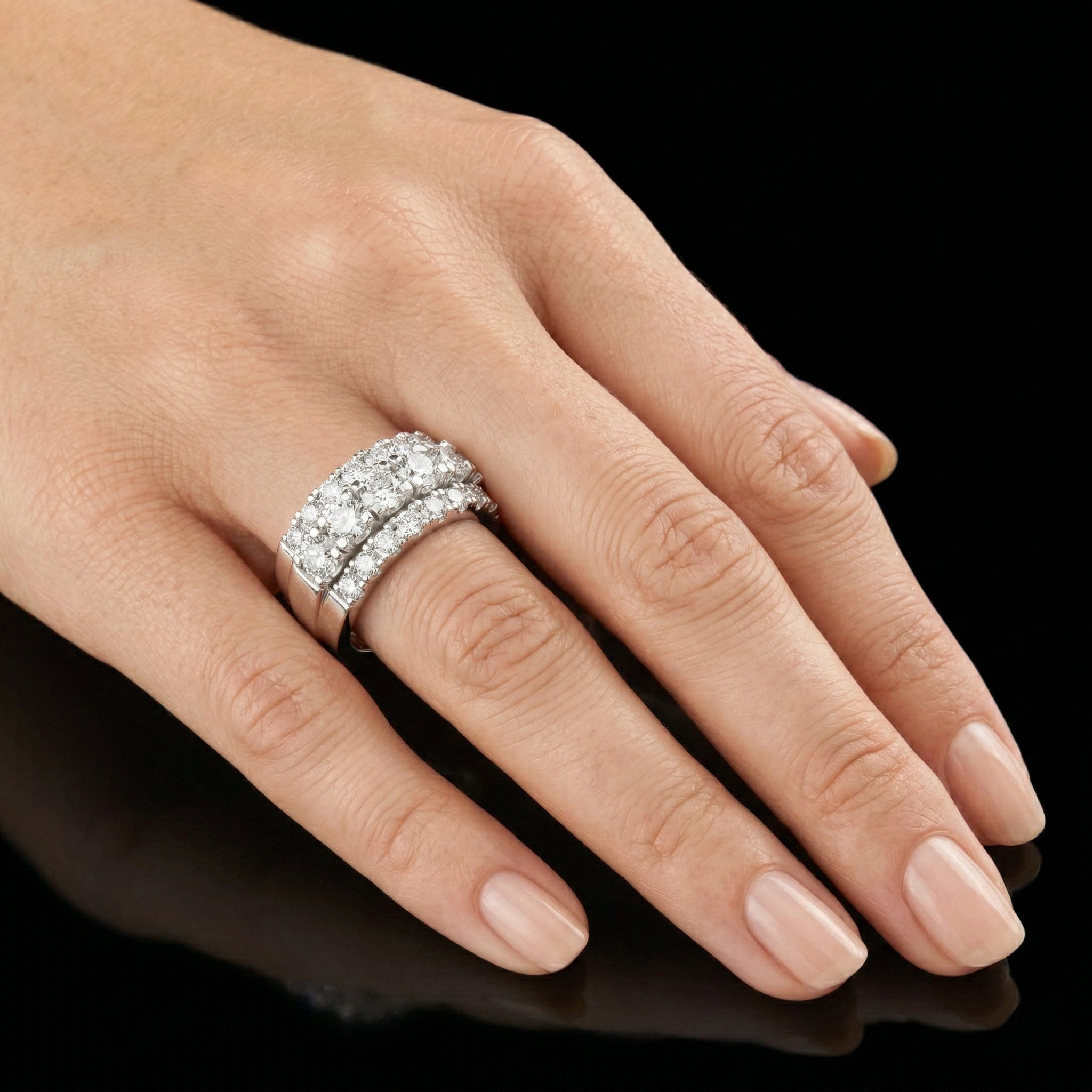 Triple-row Round-cut Moissanite Diamond Eternity Sterling Silver Statement Wedding Band