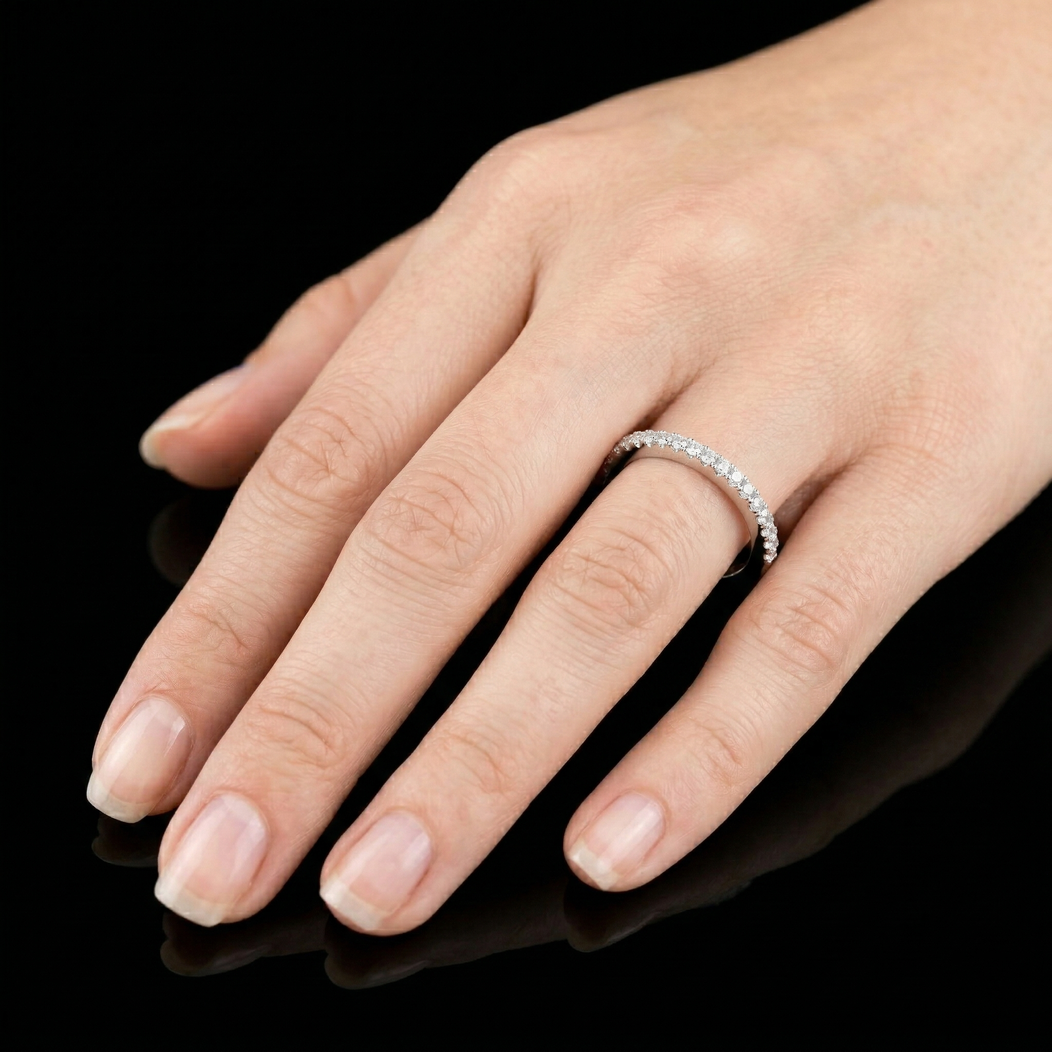 Dainty Sterling Silver Half Eternity Wedding Band Set with Brilliant Pavé Stones