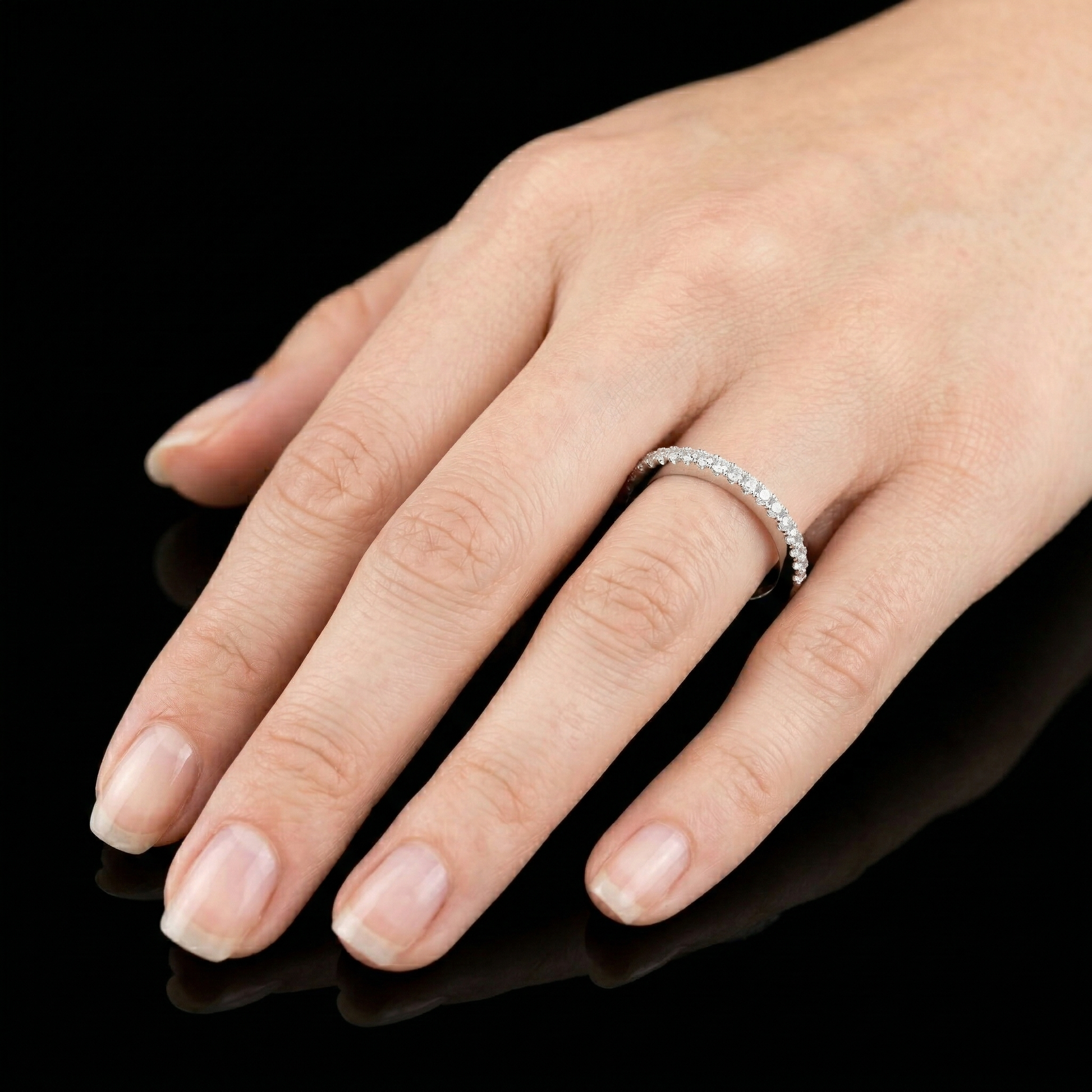 Dainty Sterling Silver Half Eternity Wedding Band Set with Brilliant Pavé Stones