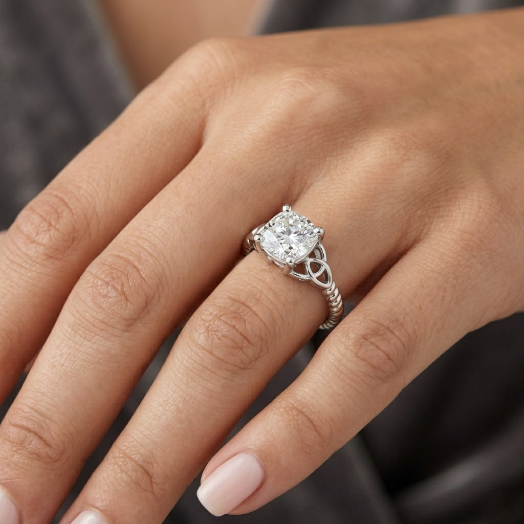 Celtic-inspired Cushion-cut Moissanite Diamond Braided-style Shank Engagement Ring