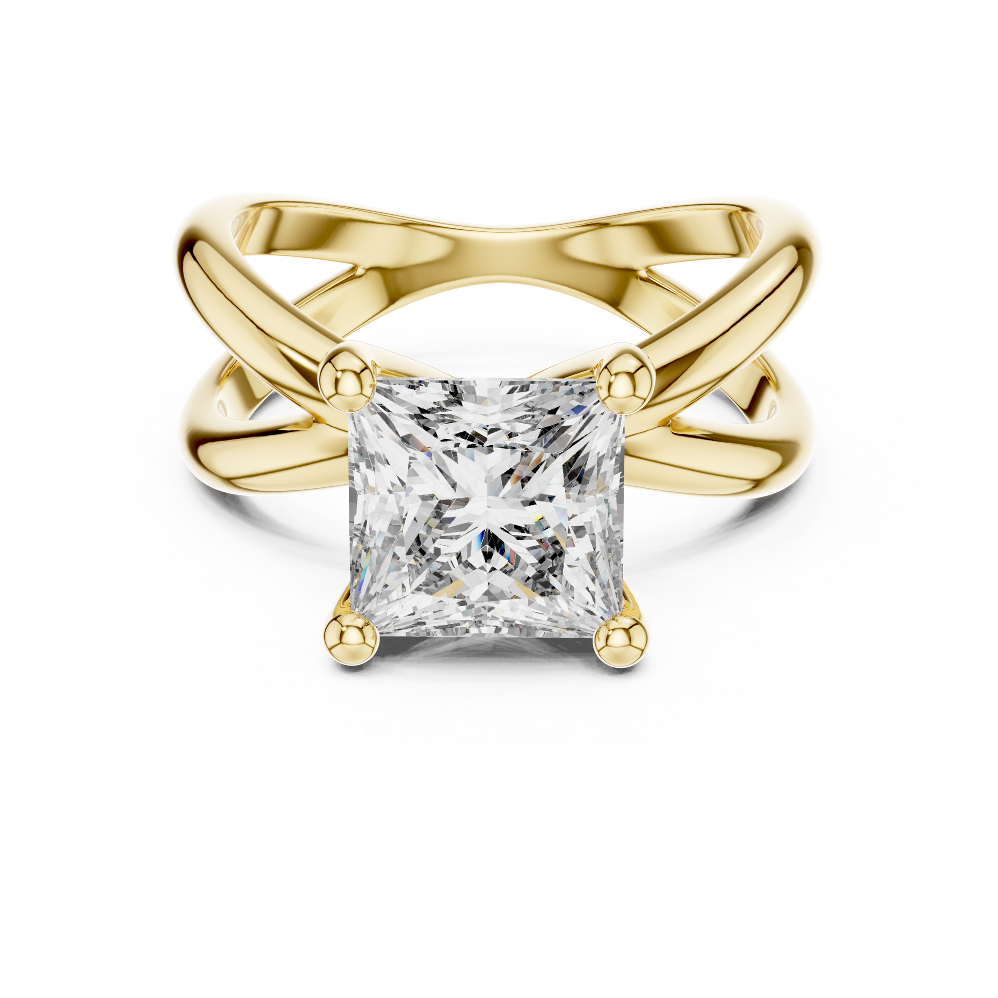 Yellow Gold Intricate Criss-Cross Split Shank 3 TCW Princess Cut Lab Grown Diamond Solitaire Engagement Ring