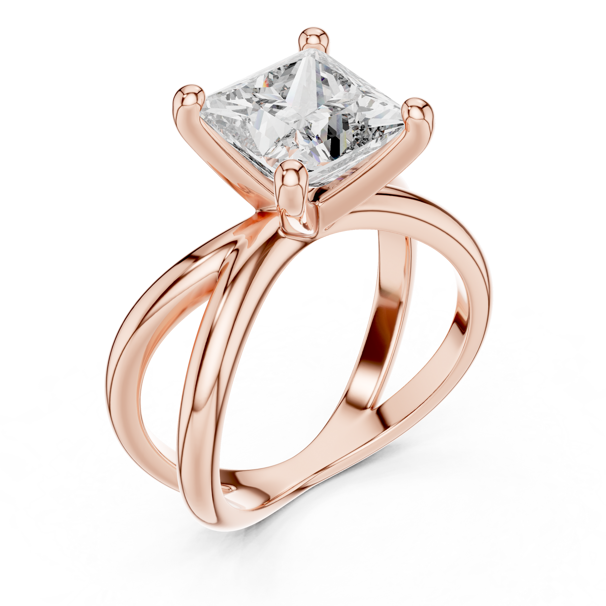 Rose Gold Intricate Criss-Cross Split Shank 3 TCW Princess Cut Lab Grown Diamond Solitaire Engagement Ring
