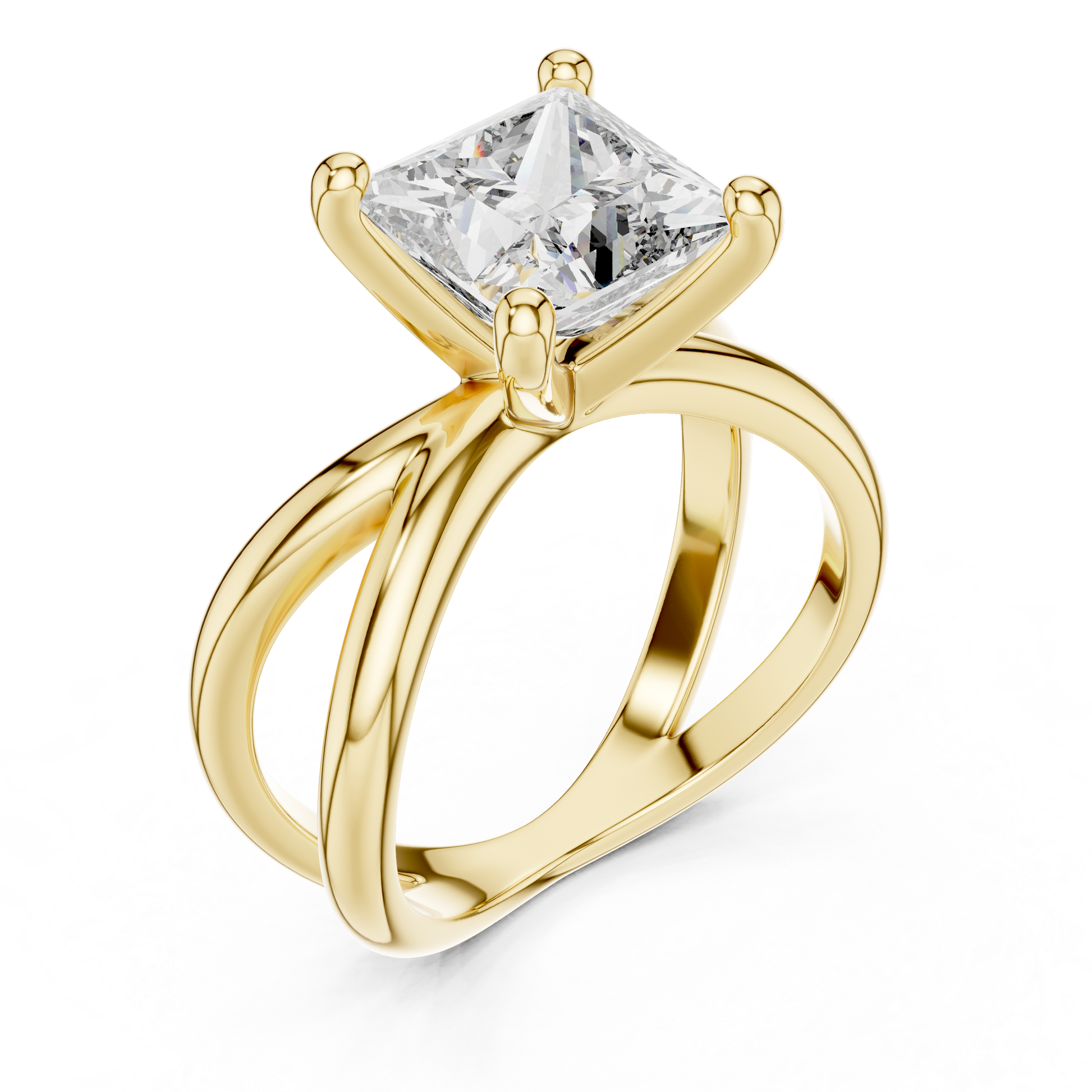 Yellow Gold Intricate Criss-Cross Split Shank 3 TCW Princess Cut Lab Grown Diamond Solitaire Engagement Ring