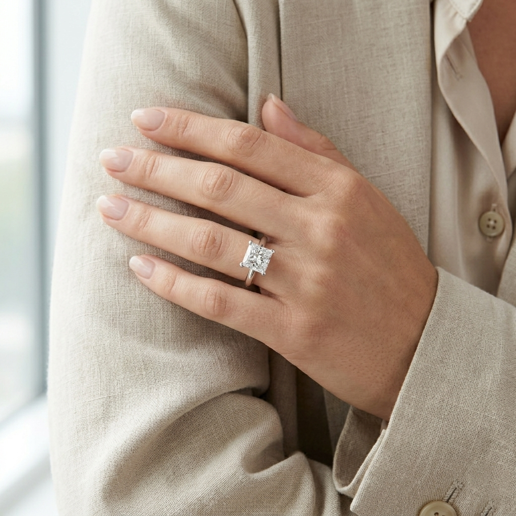 Princess Cut Moissanite Diamond Solitaire Engagement Ring for Women