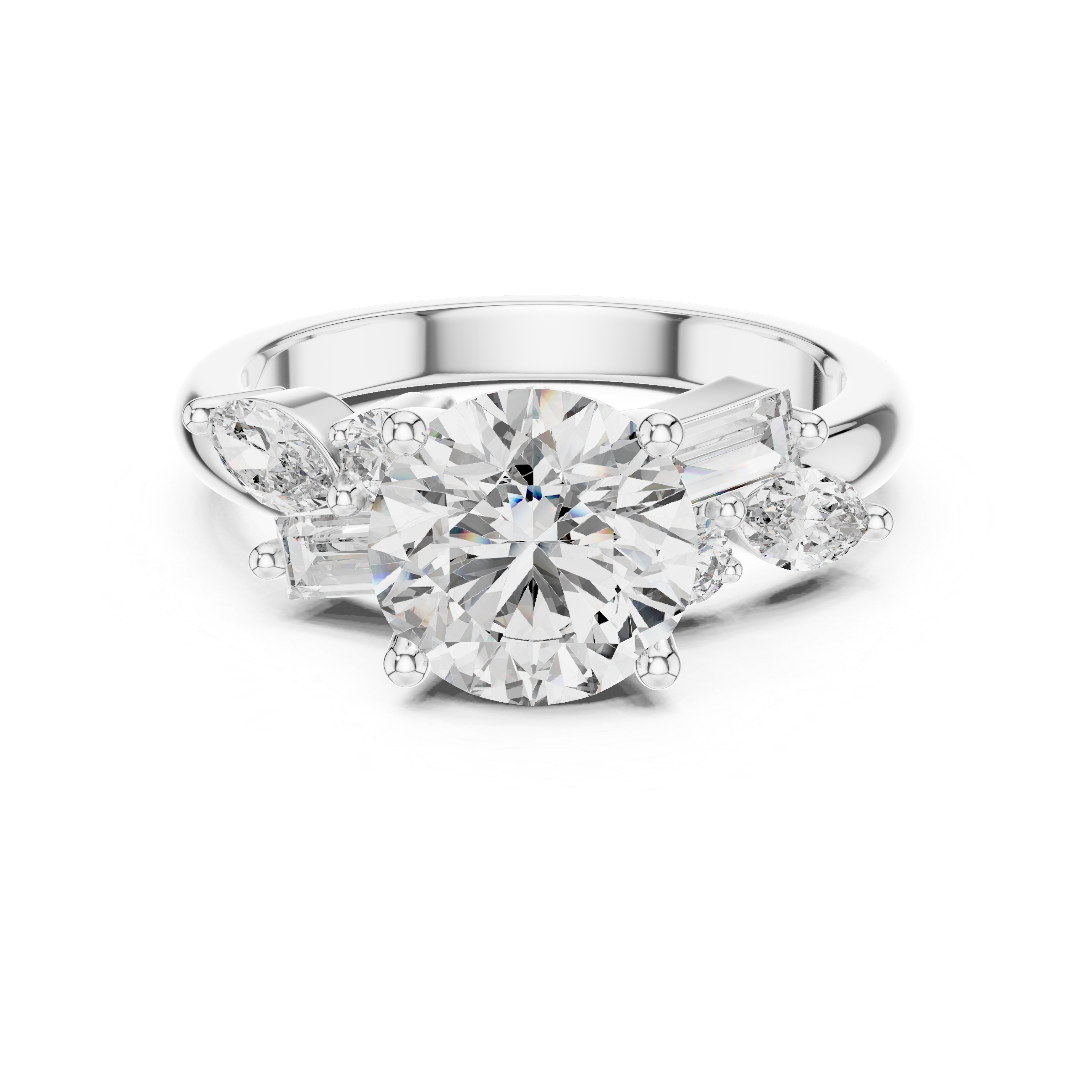 Round Moissanite Classic Three-stone Trilogy Ring with Additional Side Accents