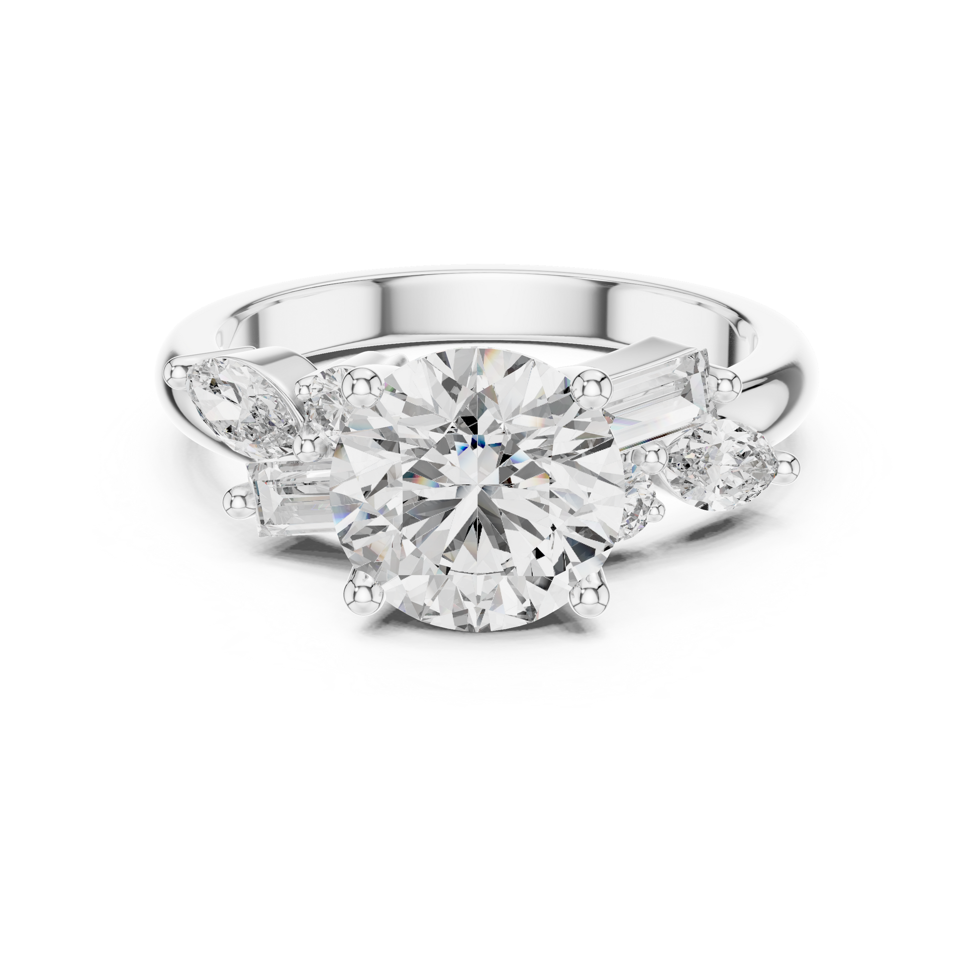 Round Moissanite Classic Three-stone Trilogy Ring with Additional Side Accents