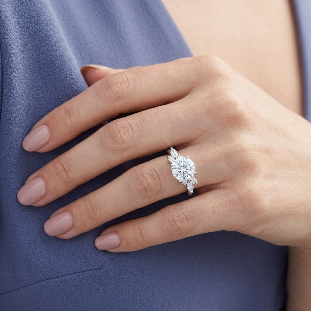 Round Moissanite Classic Three-stone Trilogy Ring with Additional Side Accents