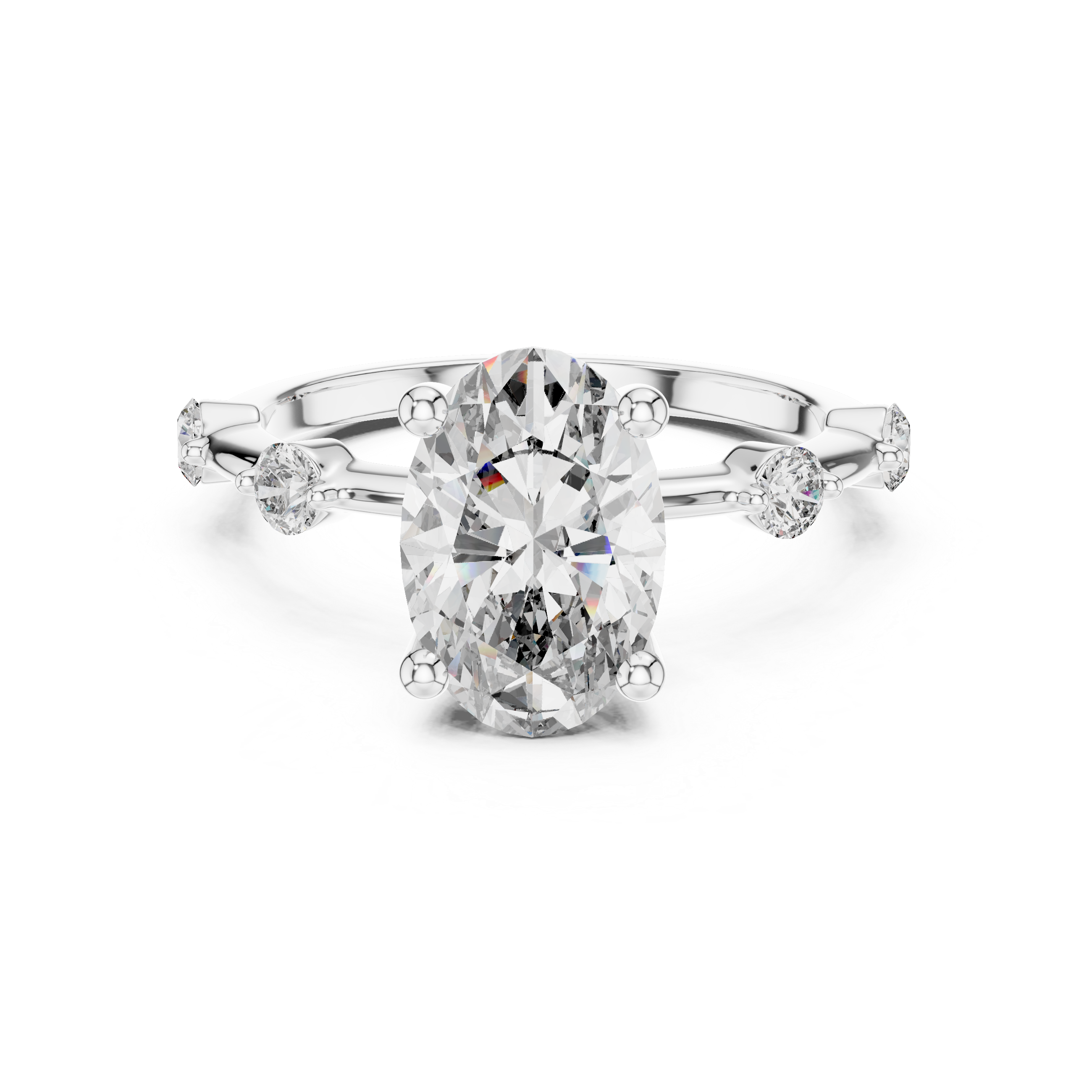 Oval-cut Moissanite Solitaire Engagement Ring with Raindrop Style Side Accent Stones