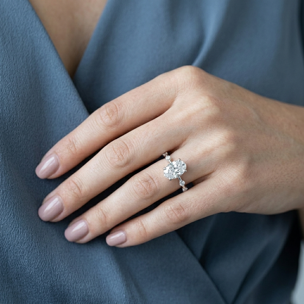 Oval-cut Moissanite Solitaire Engagement Ring with Raindrop Style Side Accent Stones
