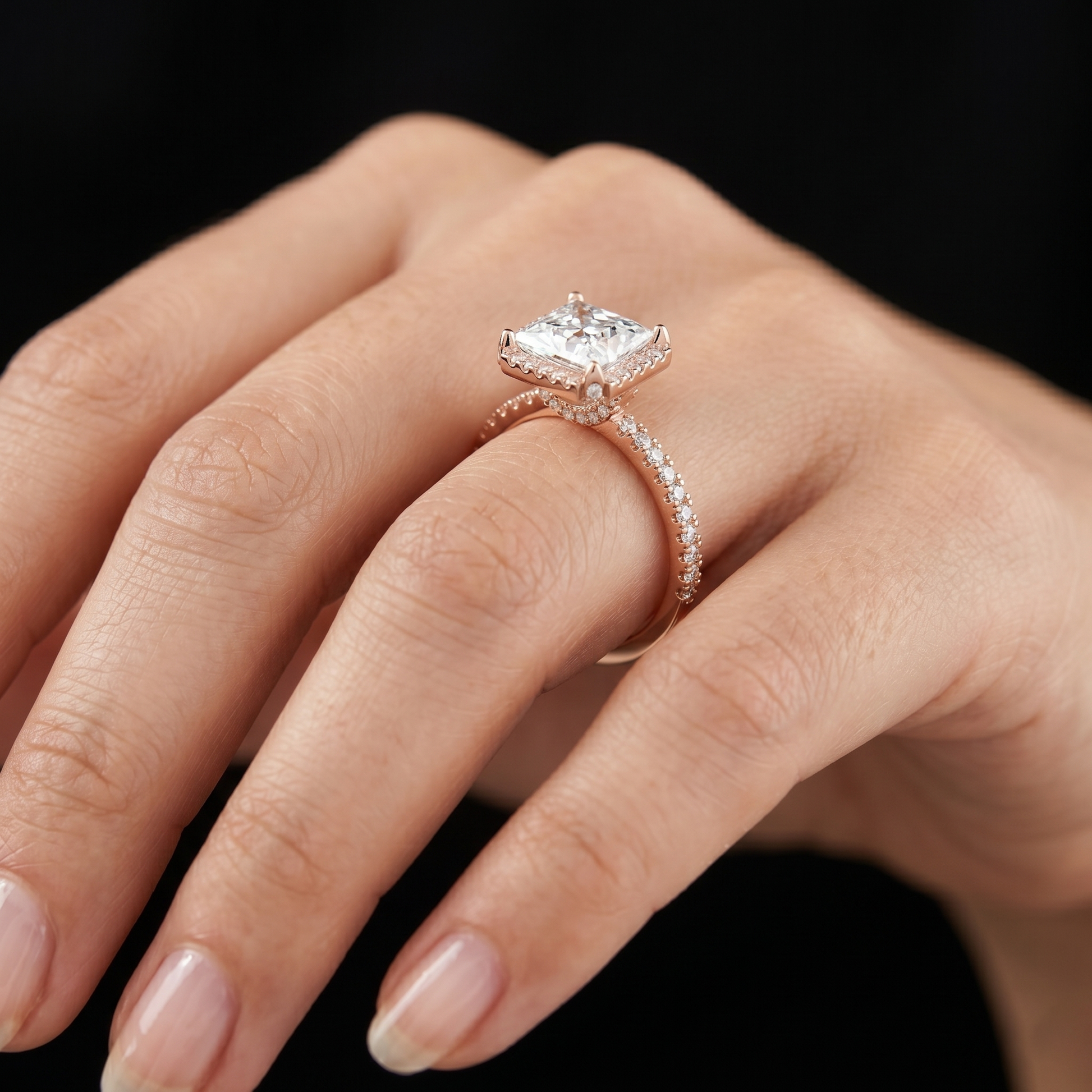 14kt Solid Gold 2.93 TCW Princess Cut Lab Grown Halo Engagement Ring for Women