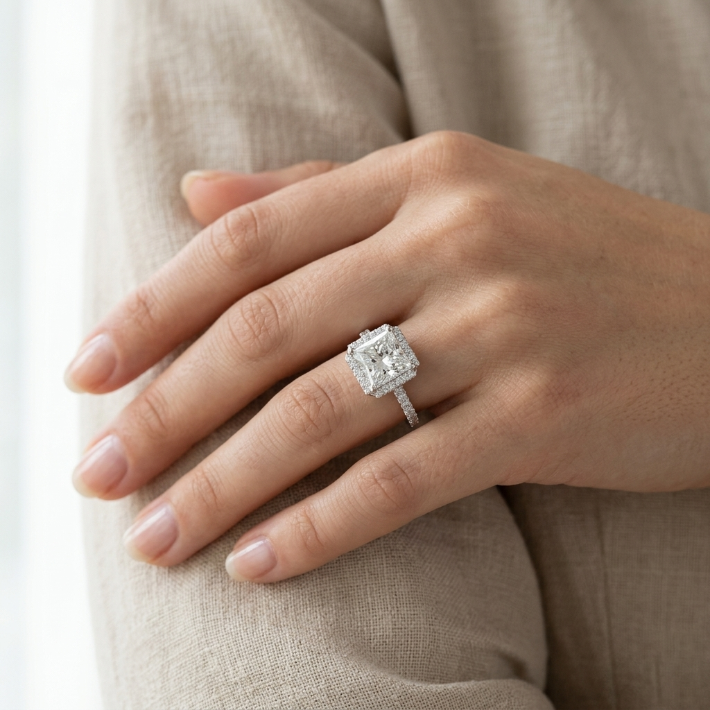 925 Sterling Silver Princess Cut Moissanite Halo Engagement Ring for Women