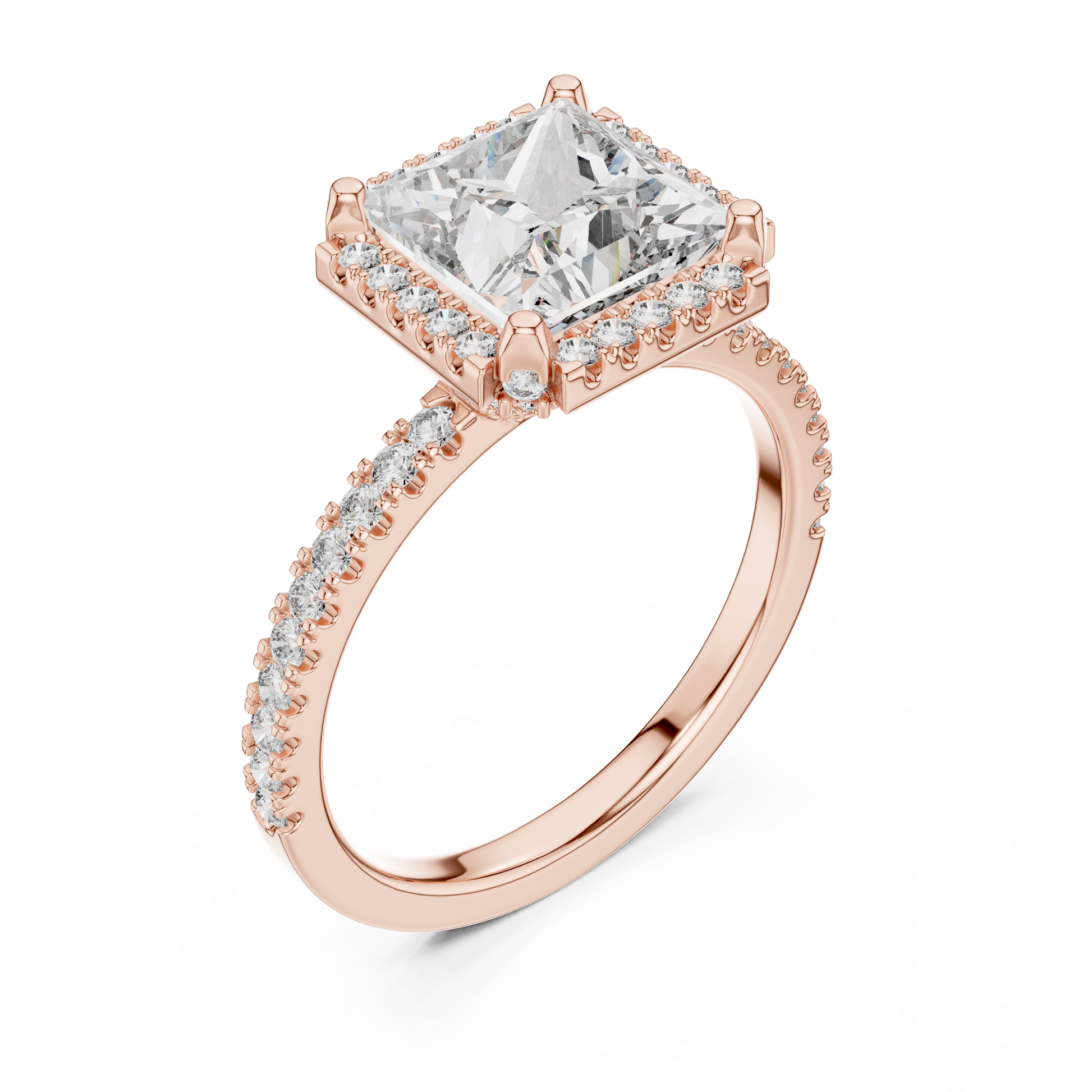 14kt Rose Solid Gold 2.93 TCW Princess Cut Lab Grown Halo Engagement Ring for Women