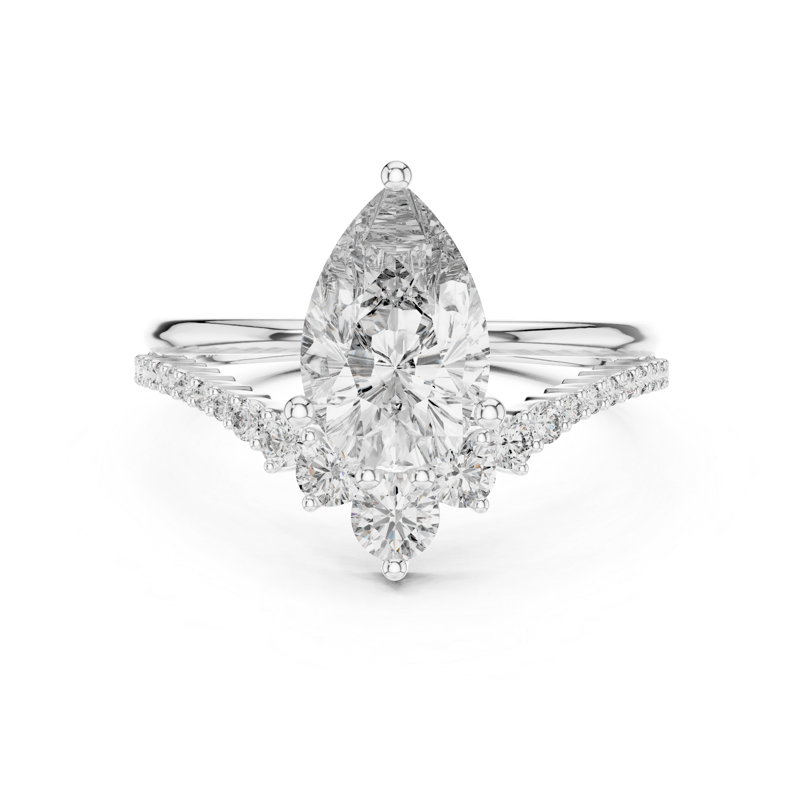 Central Pear-shaped Moissanite with a Pave Diamond Crown Split Shank Engagement Ring
