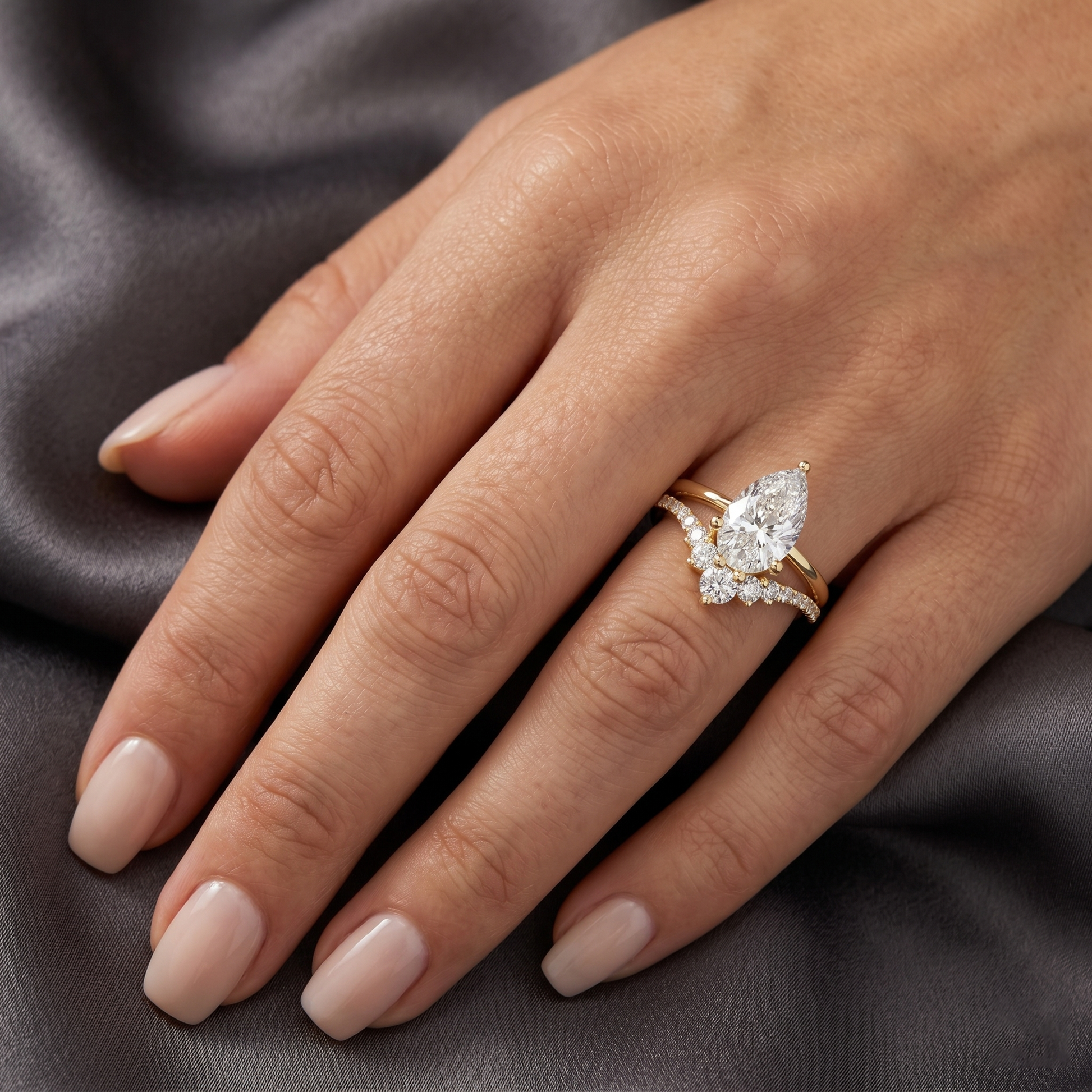 2.35 TCW Pear Cut Moissanite Diamond 14kt Solid Gold Shank Band With Pavé Detailing Ring