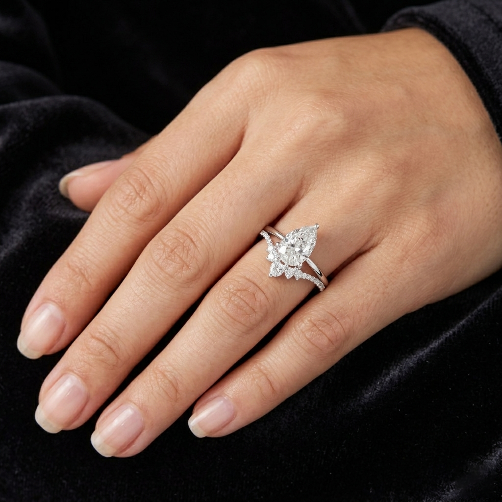 Central Pear-shaped Moissanite with a Pave Diamond Crown Split Shank Engagement Ring