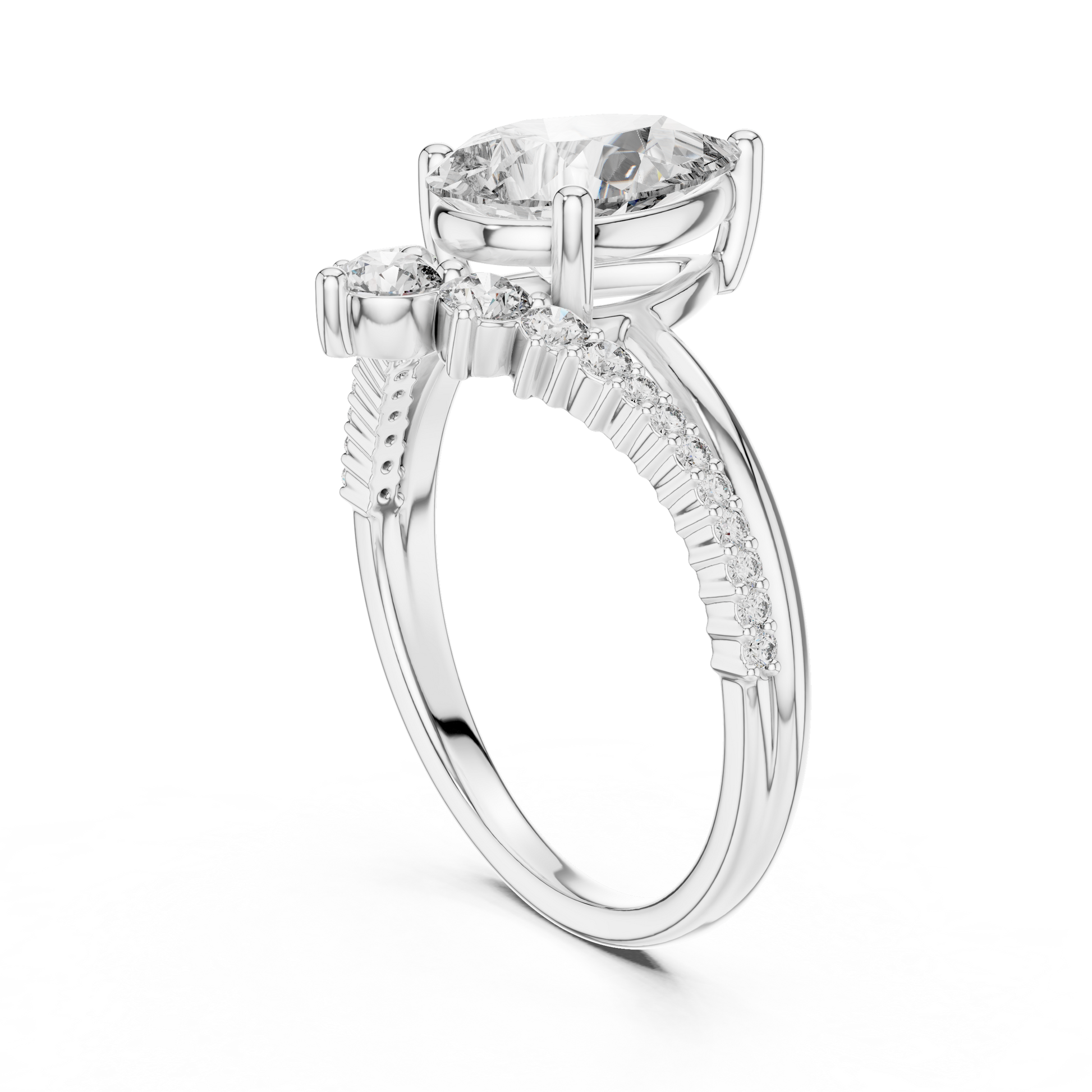 Central Pear-shaped Moissanite with a Pave Diamond Crown Split Shank Engagement Ring