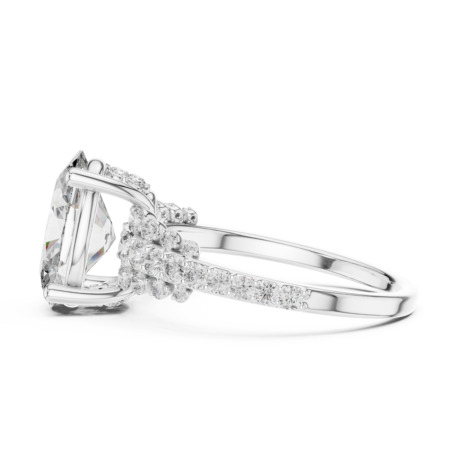 TCW 2.58 Oval-cut Lab Grown Center Stone Side Stones & Cluster Design Engagement Ring