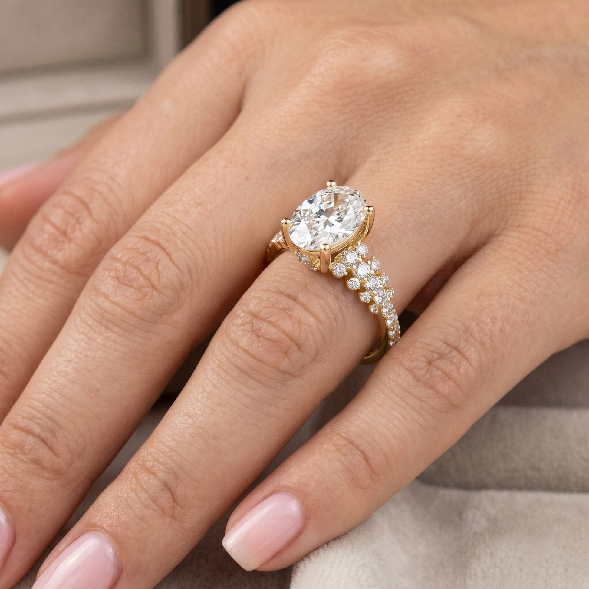 2.57 TCW Oval Cut Moissanite Diamond 14kt Solid Gold Cluster-Shank Solitaire Ring