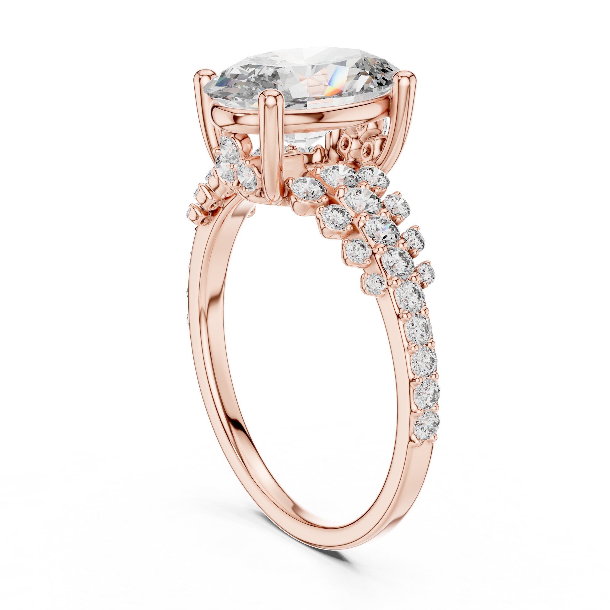 TCW 2.58 Oval-cut Lab Grown Center Stone Side Stones & Cluster Design Engagement Ring