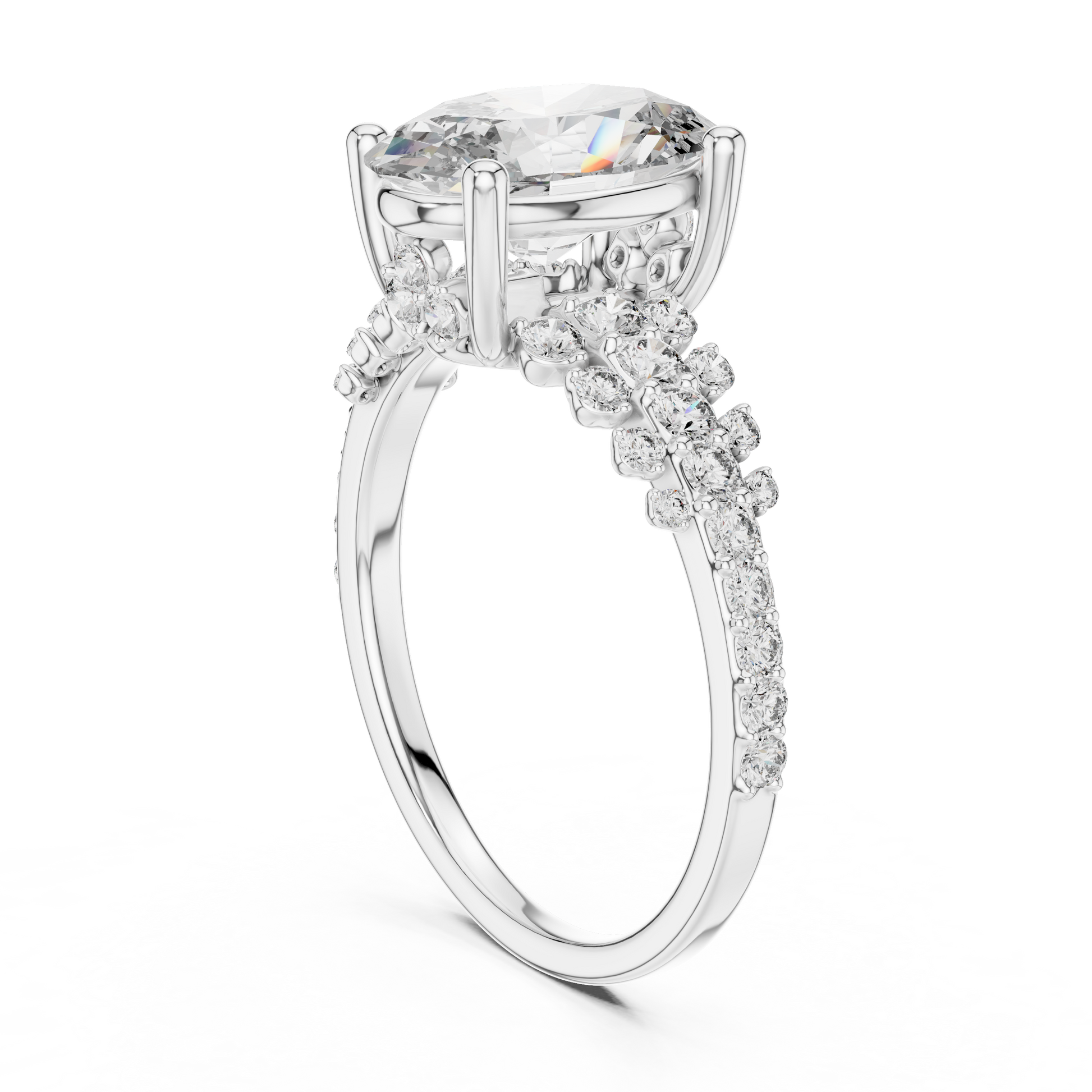 TCW 2.58 Oval-cut Lab Grown Center Stone Side Stones & Cluster Design Engagement Ring