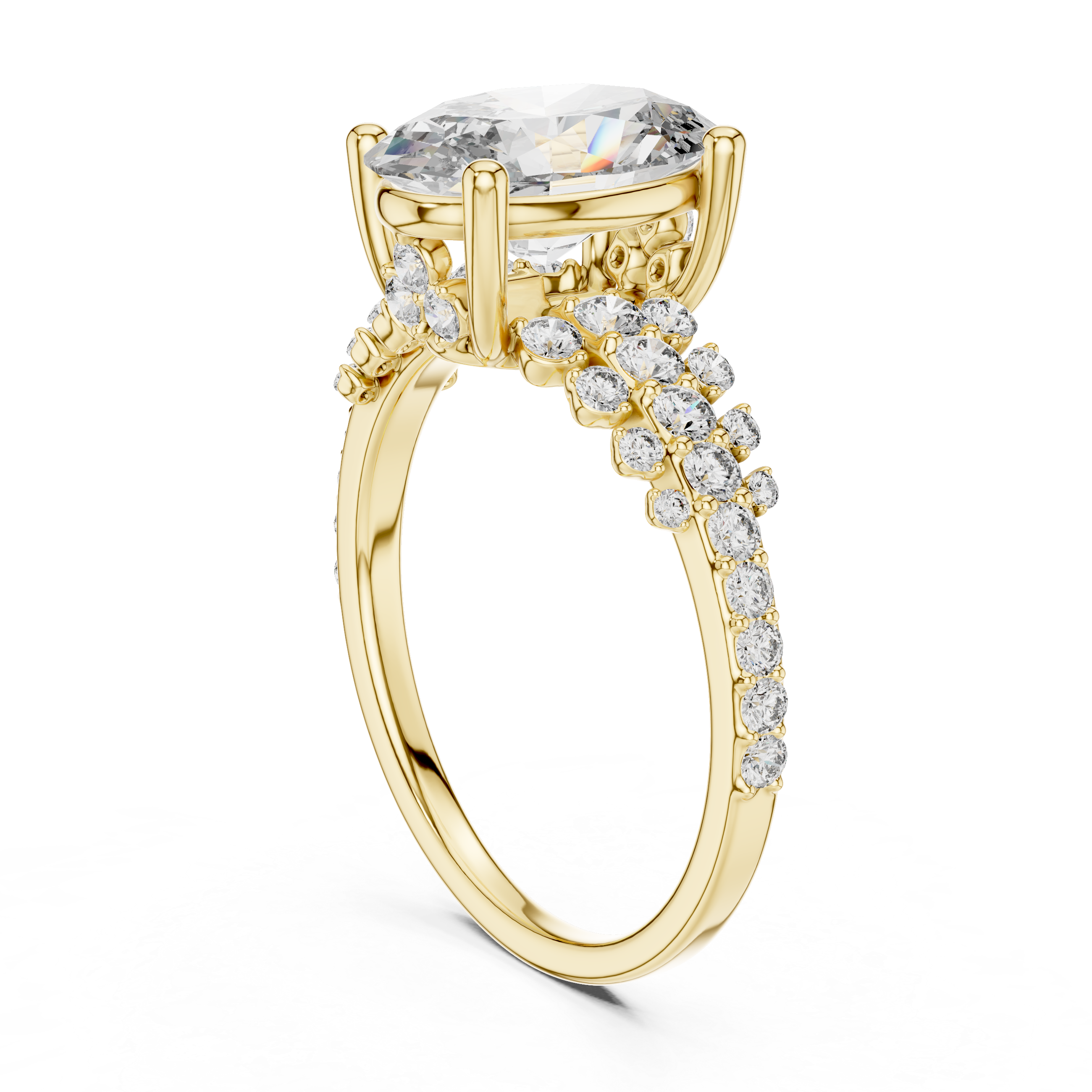 TCW 2.58 Oval-cut Lab Grown Center Stone Side Stones & Cluster Design Engagement Ring