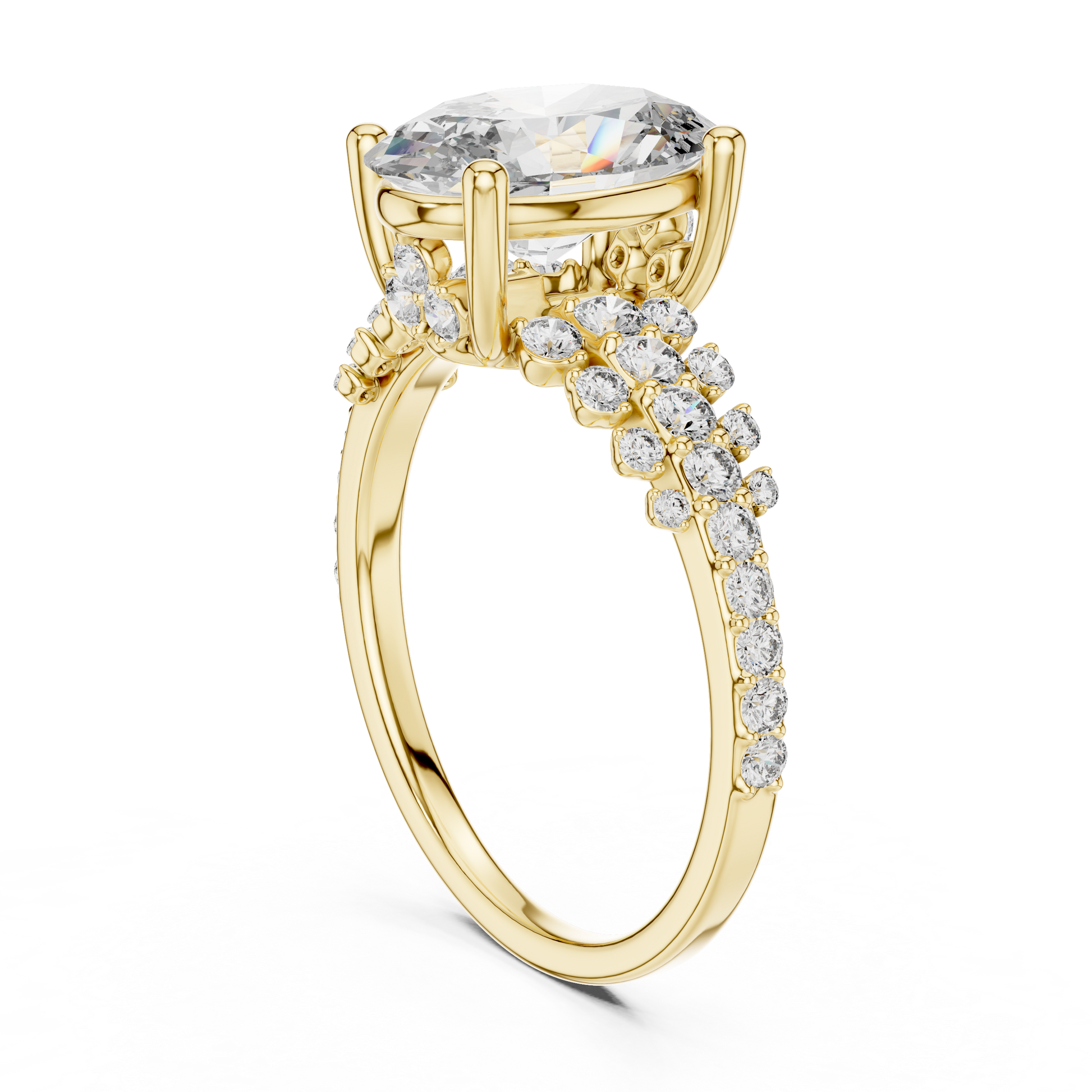 TCW 2.58 Oval-cut Lab Grown Center Stone Side Stones & Cluster Design Engagement Ring