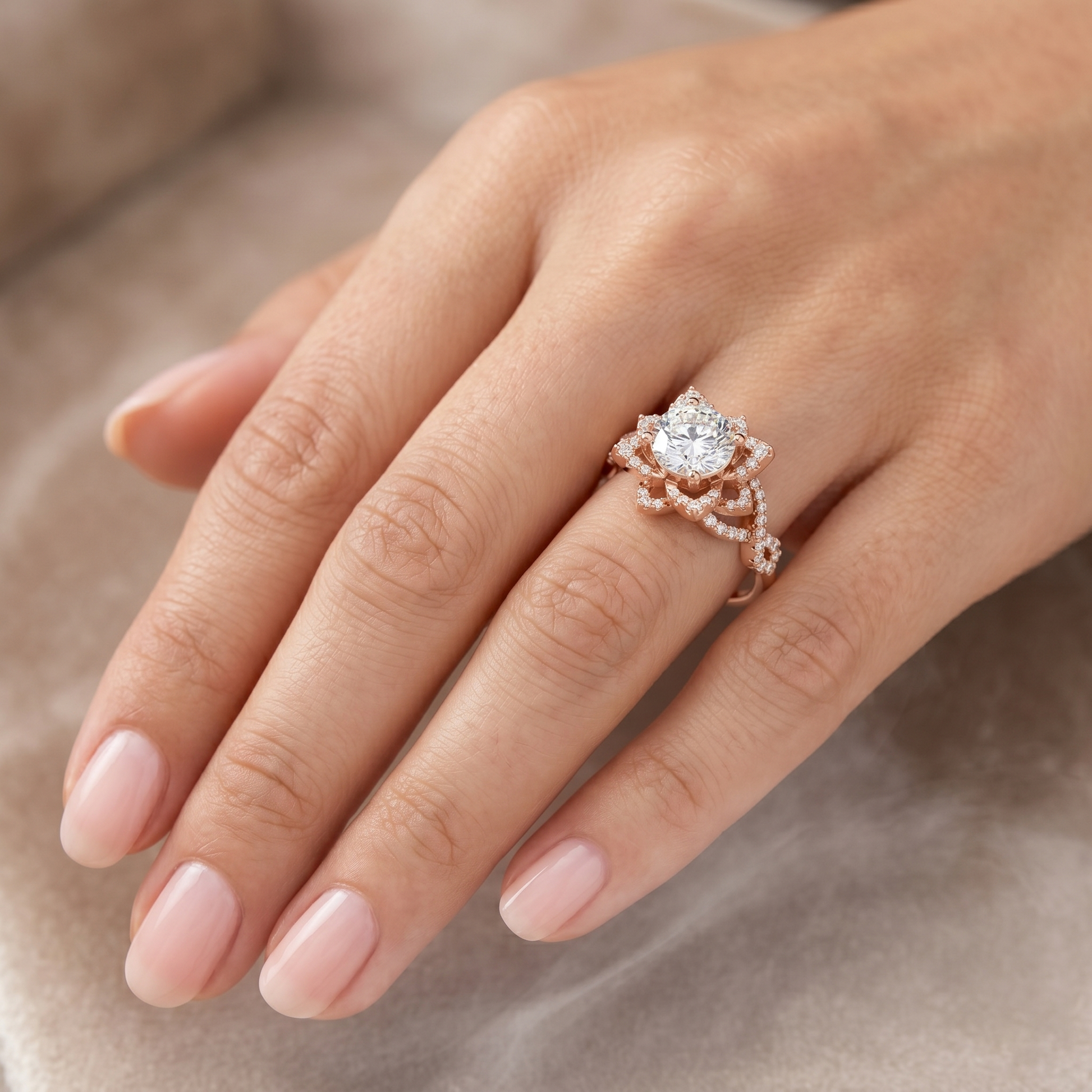 1.71 TCW Round Cut Moissanite Diamond 18kt Solid Gold Flower Style Halo Engagement Ring