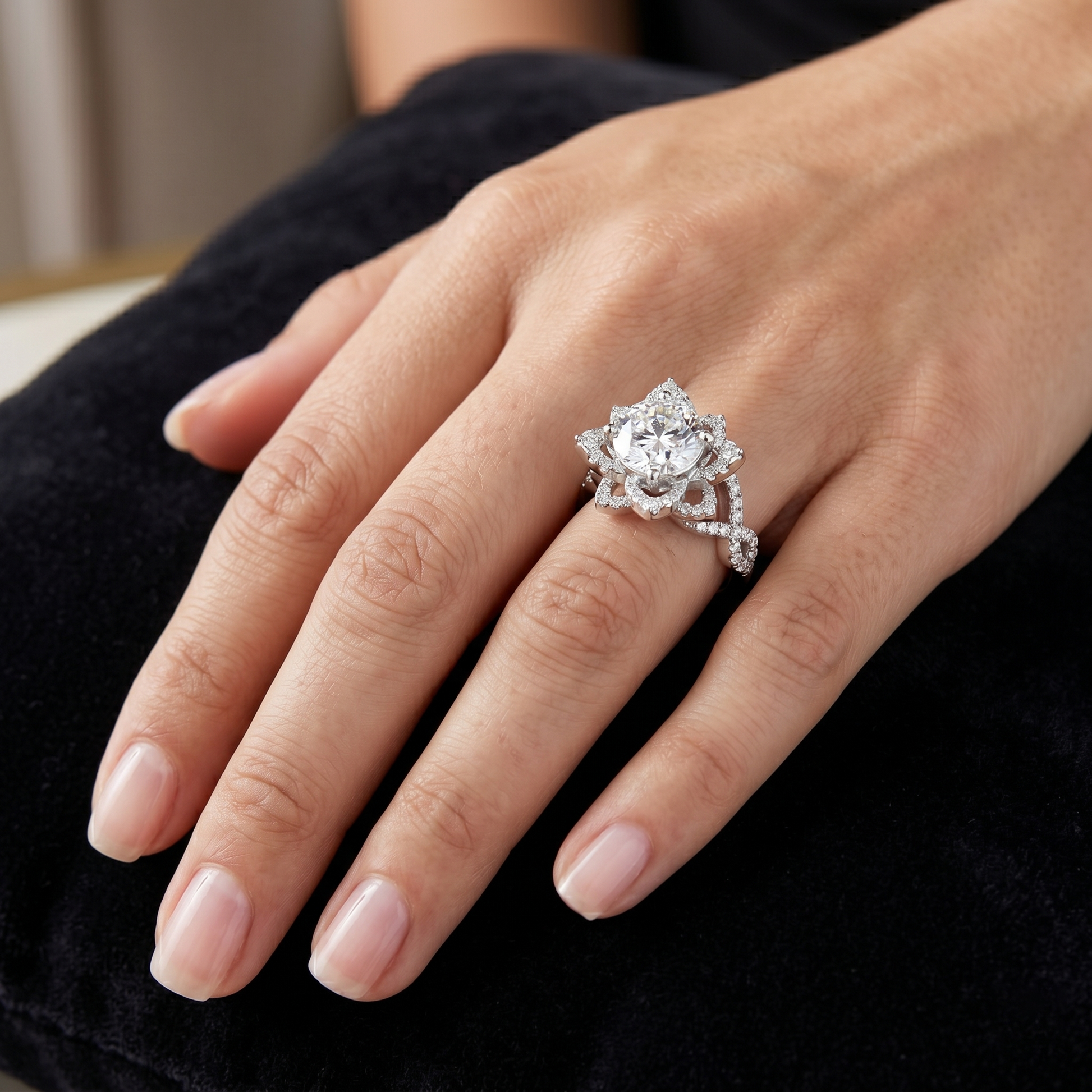 1.71 TCW Round Cut Moissanite Diamond 18kt Solid Gold Flower Style Halo Engagement Ring