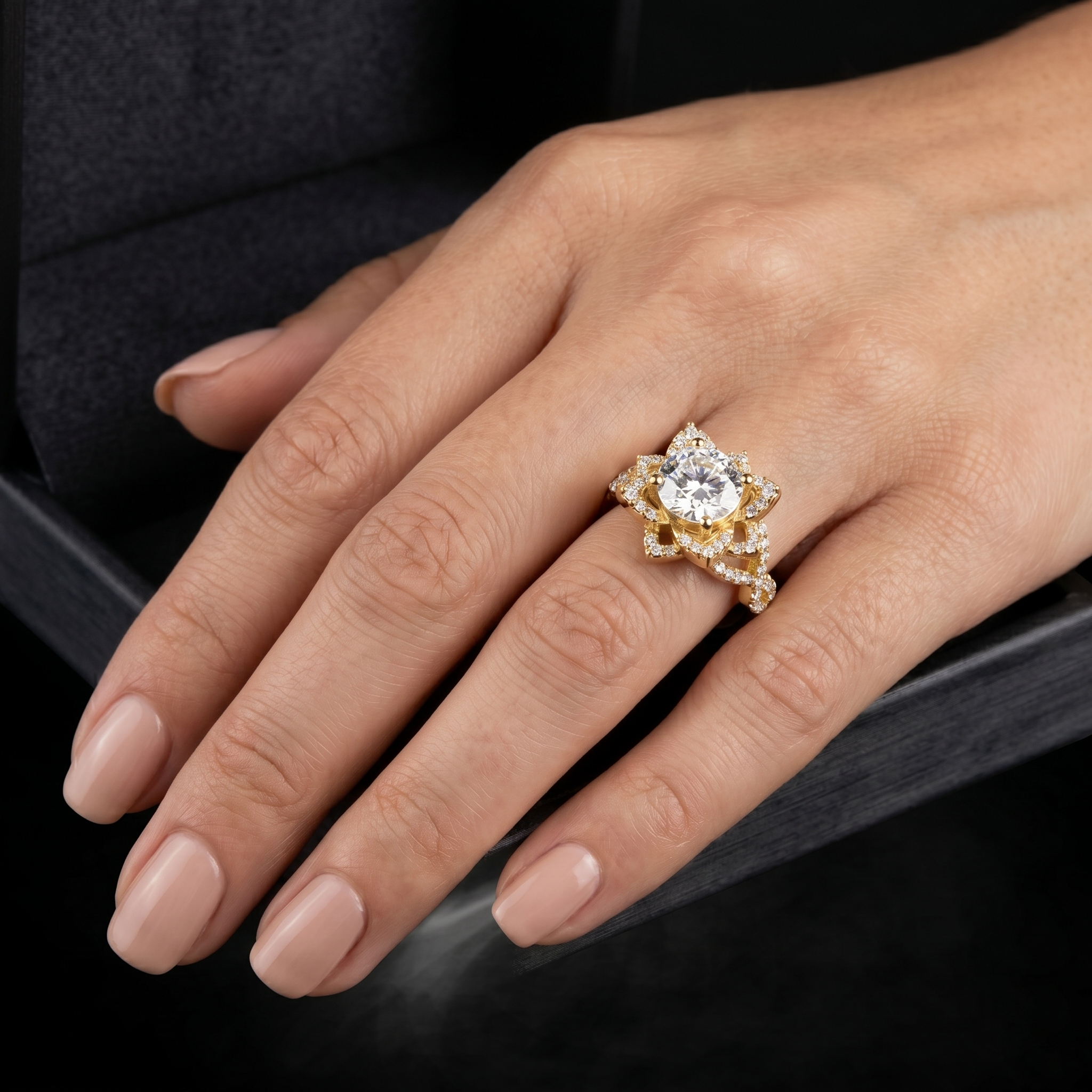 1.71 TCW Round Cut Moissanite Diamond 18kt Solid Gold Flower Style Halo Engagement Ring