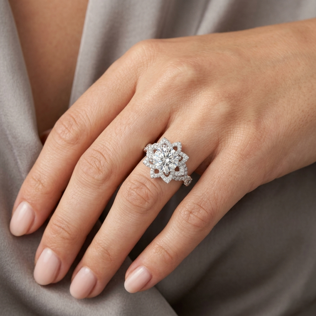 Round Moissanite Floral Halo Nature-inspired Engagement Ring in Sterling Silver