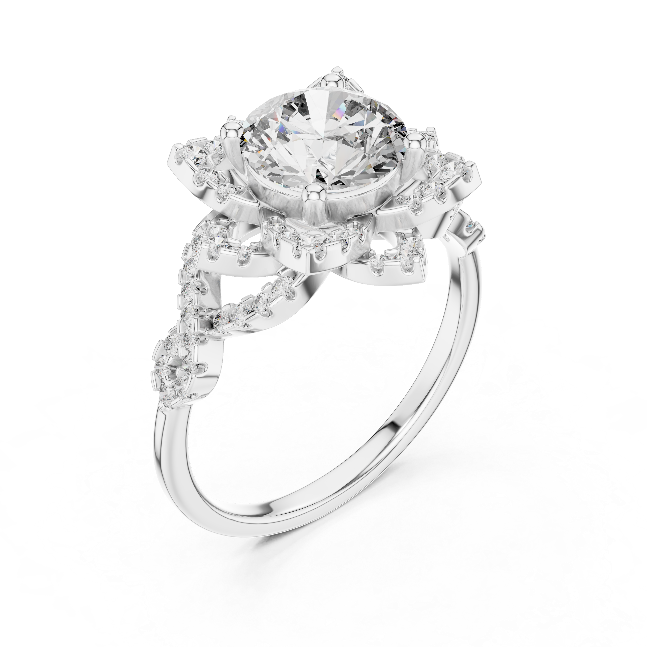 Round Moissanite Floral Halo Nature-inspired Engagement Ring in Sterling Silver