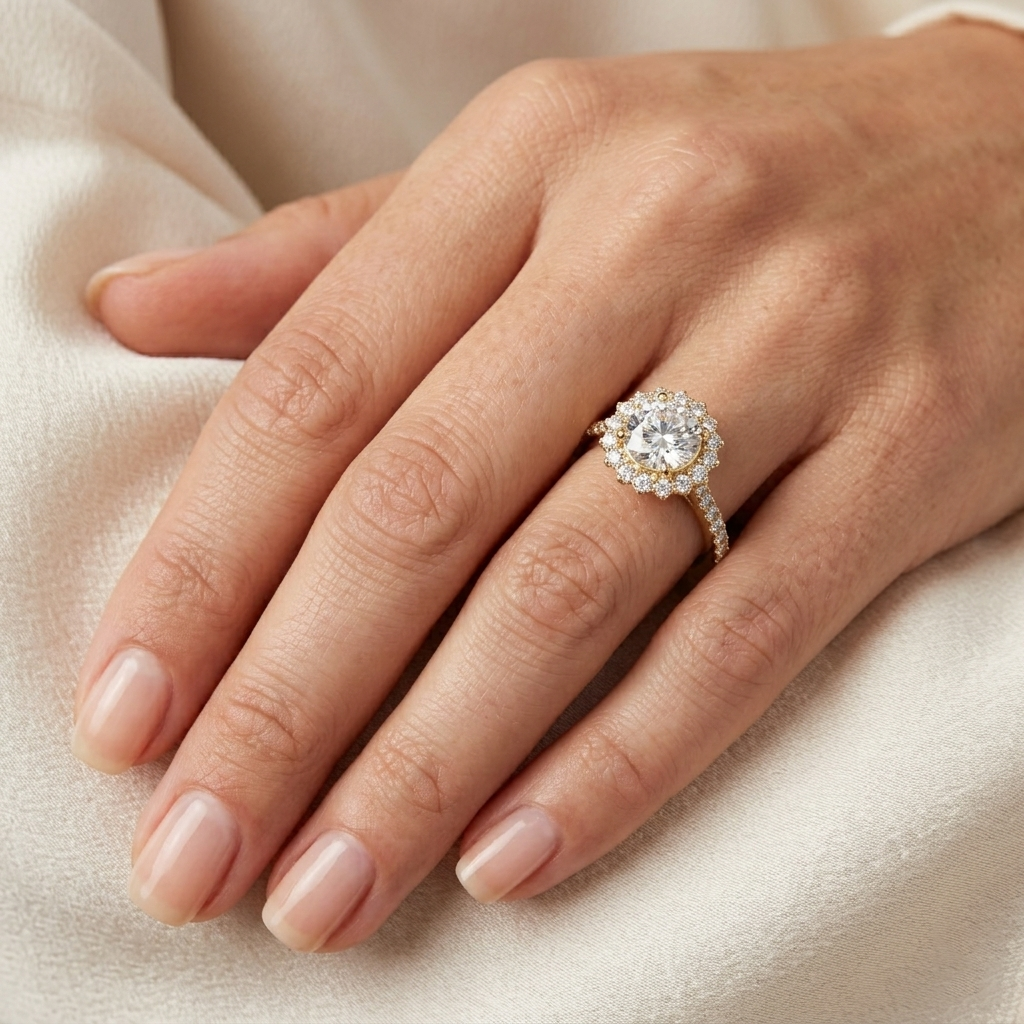 1.98 TCW Round Cut Moissanite Diamond 18kt Solid Gold Flower Set Halo Wedding Ring