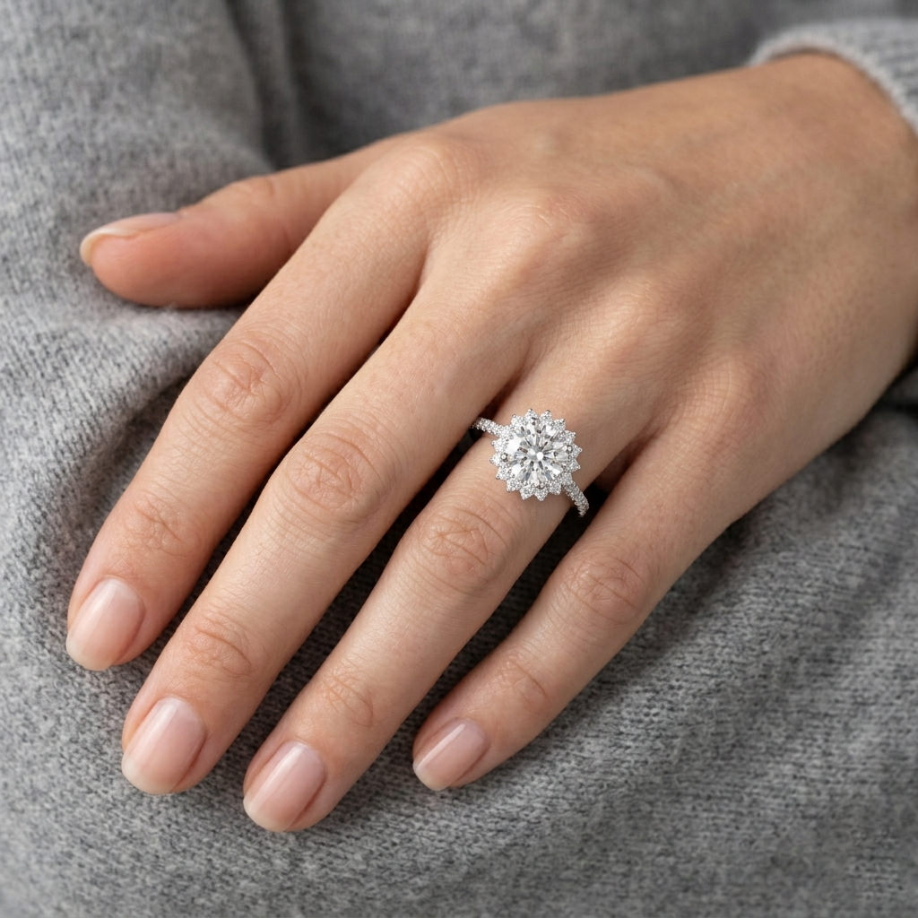 Central Large Round-cut Moissanite with Floral-style Halo Engagement Ring