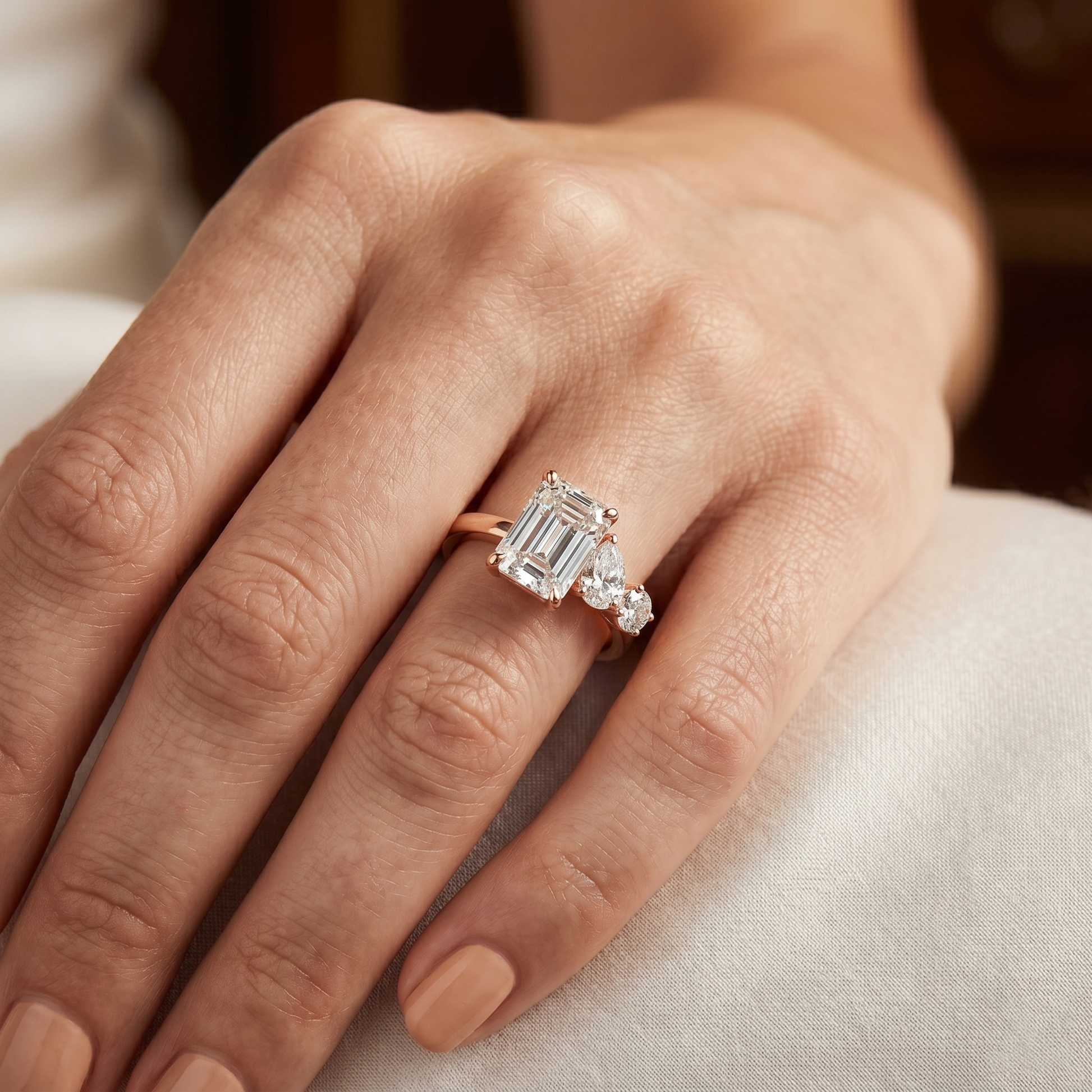 2.33 TCW Emerald Cut Moissanite Diamond 14kt Solid Gold Cluster Trilogy Engagement Ring